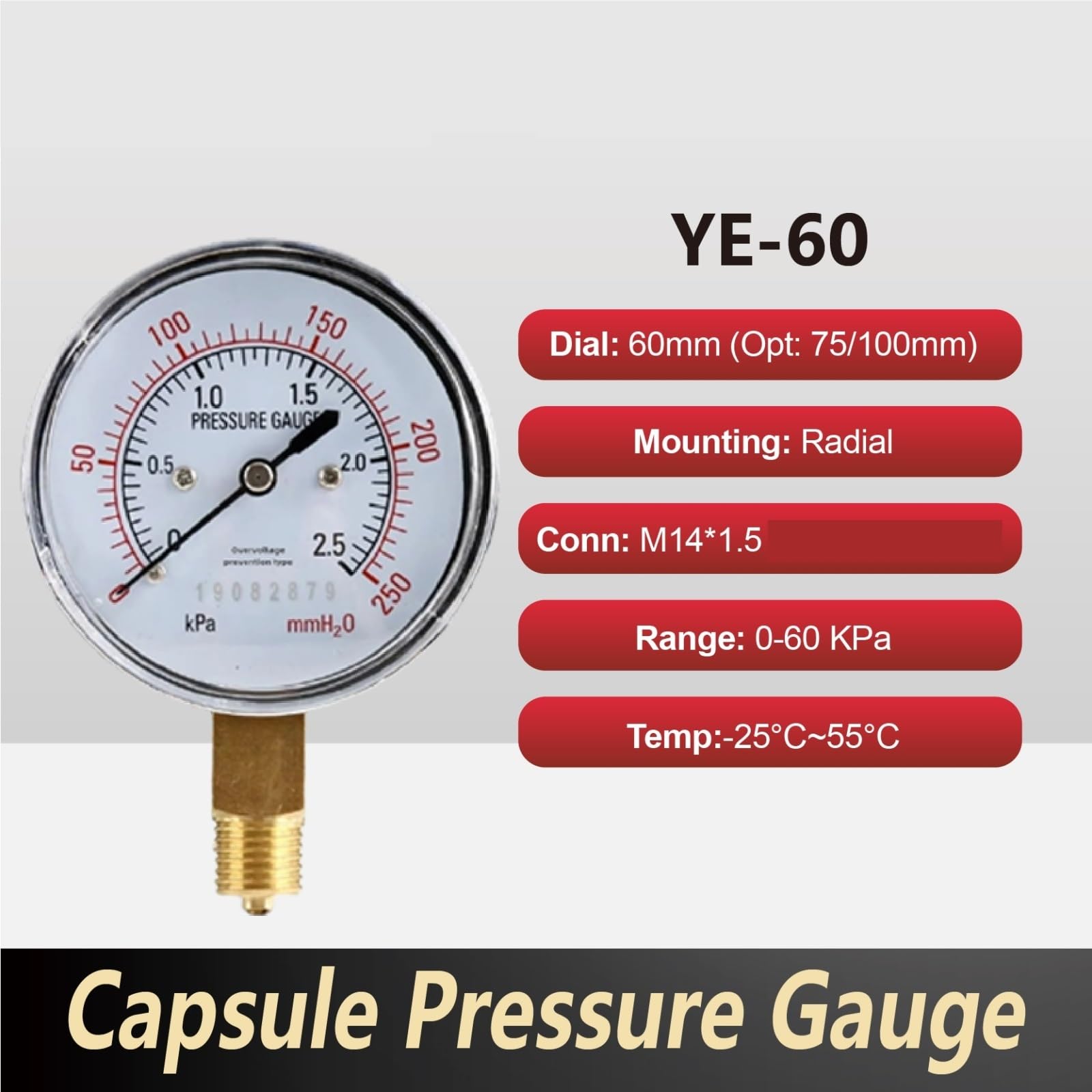 Membran-Manometer, YE-60 Vakuum-Mikro-Niederdruck-Manometer, Radialmontage, M14-Gewinde(-10-0kpa)