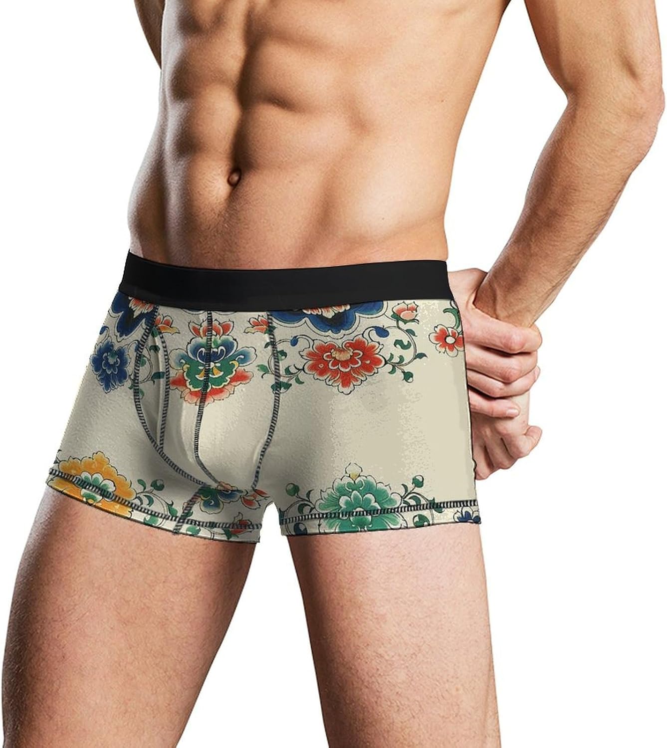 Chinese Border Pattern Mens Boxer Briefs Short Breathable Underwear Trunks Soft Moisture-Wicking Boxer Shorts Novelty Underpants L White