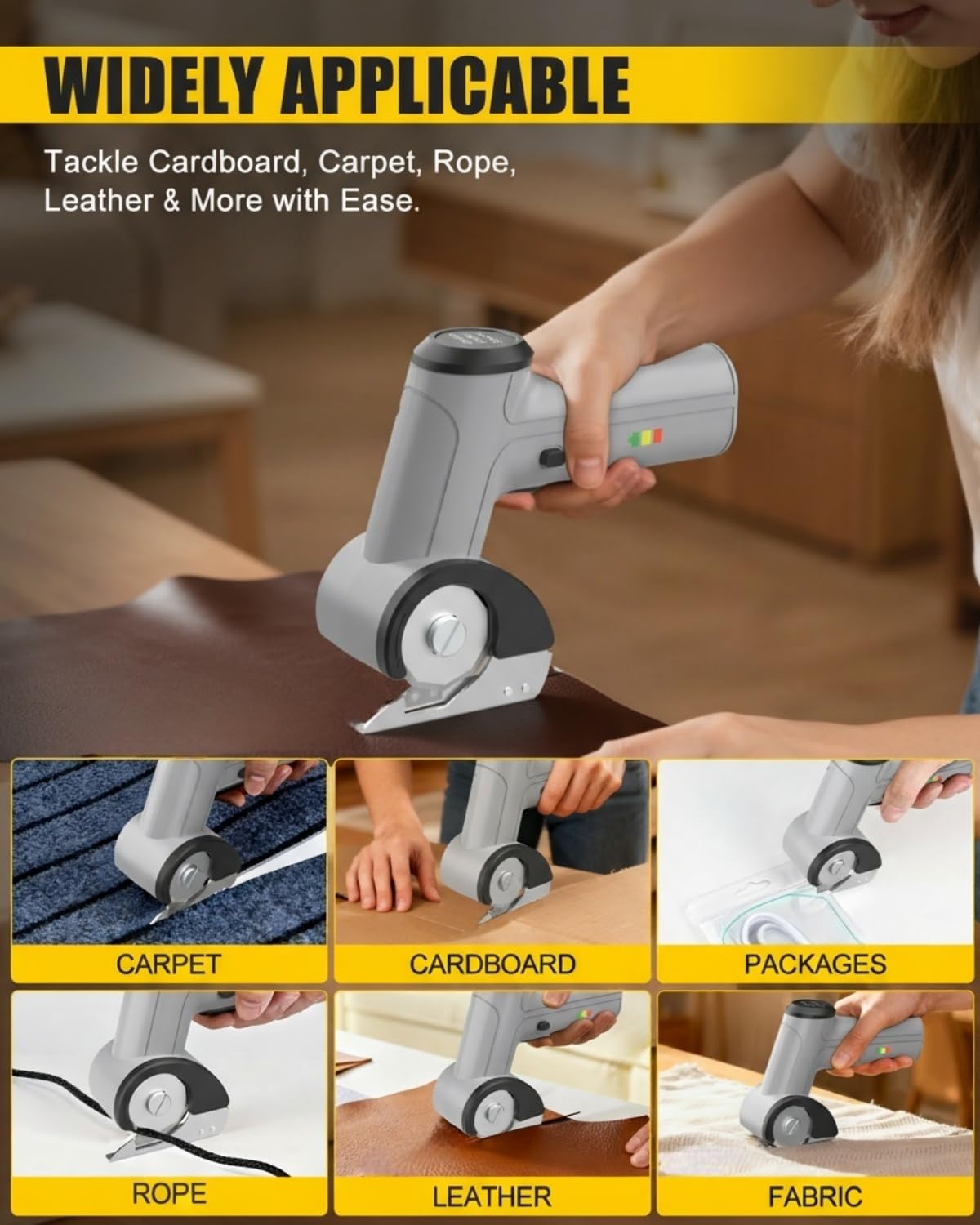 Tijeras eléctricas inalámbricas de 4 V, [actualizadas] cortador giratorio de energía con 2 cuchillas y luz LED, corte máximo de 1/4 pulgadas para caja de cartón, alfombra fina/plástico
