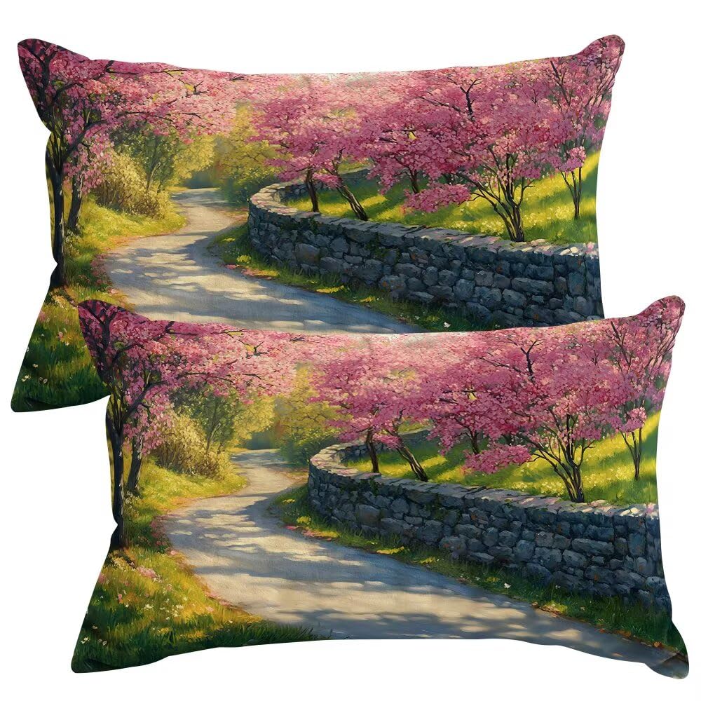 Set of 2 Velvet Cushion Covers 30x50 cm Cherry Blossoms Cushions Covers Decorative Throw Pillow Case Spring Park Sofa Pillows 12x20 Inch Rectangle Cushion Cover for Livingroom Couch Bedroom -SC369