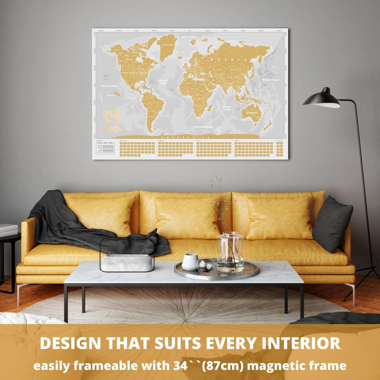 Extra Large Scratch off World Map - Laminated Scratchable World Map - Gold and White Travel World Map - Best Xl Gold Gift Scratch off Poster of the World Grey - All Accessories Included