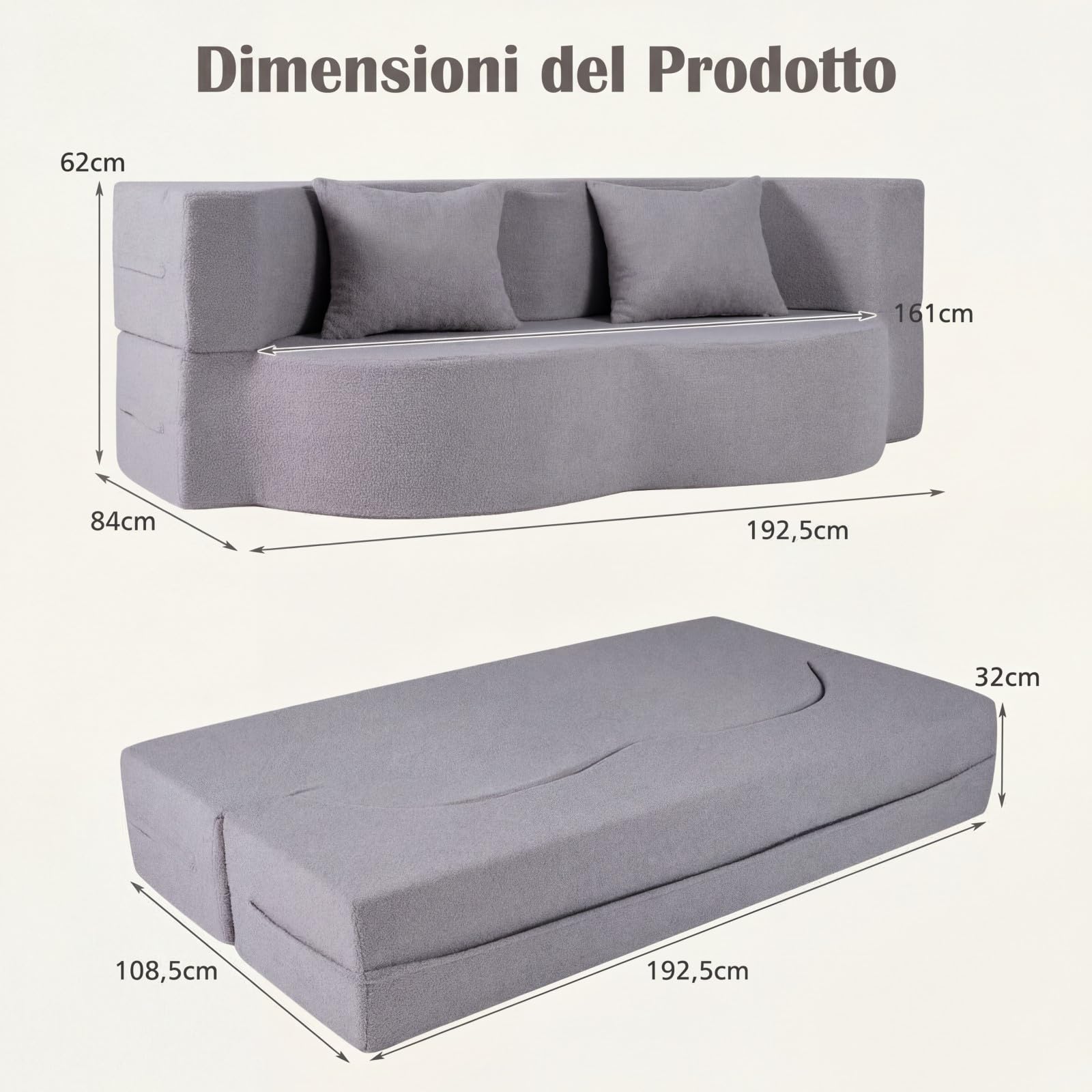 COSTWAY 2 in 1 Divano Letto Pieghevole, Divano a 2 Posti in Pile Teddy con 2 Cuscini Comodi, Nessun Montaggio, Divanetto Convertible Moderno per Soggiorno Camera Ospiti, 192,5x84x62 cm (Grigio)