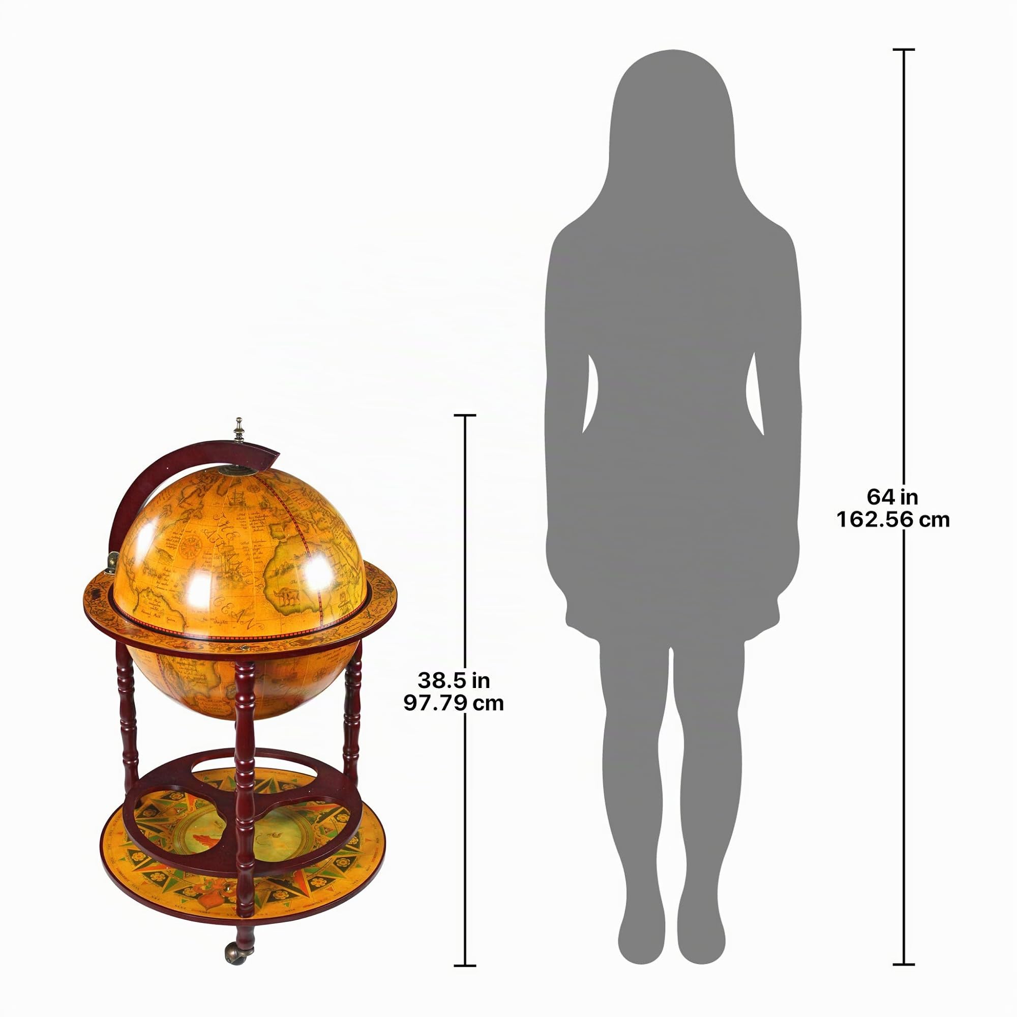 Design Toscano Réplique Italienne Globe Terrestre du XVIe siècle Armoire Bar Chariot sur Roues, 96.5 cm, MDF bois, sépia Finish