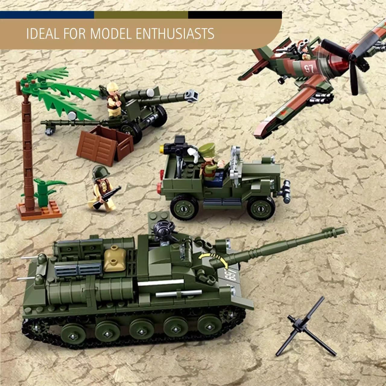 Assembled Sluban military models on a textured background, labeled 'IDEAL FOR MODEL ENTHUSIASTS'.
