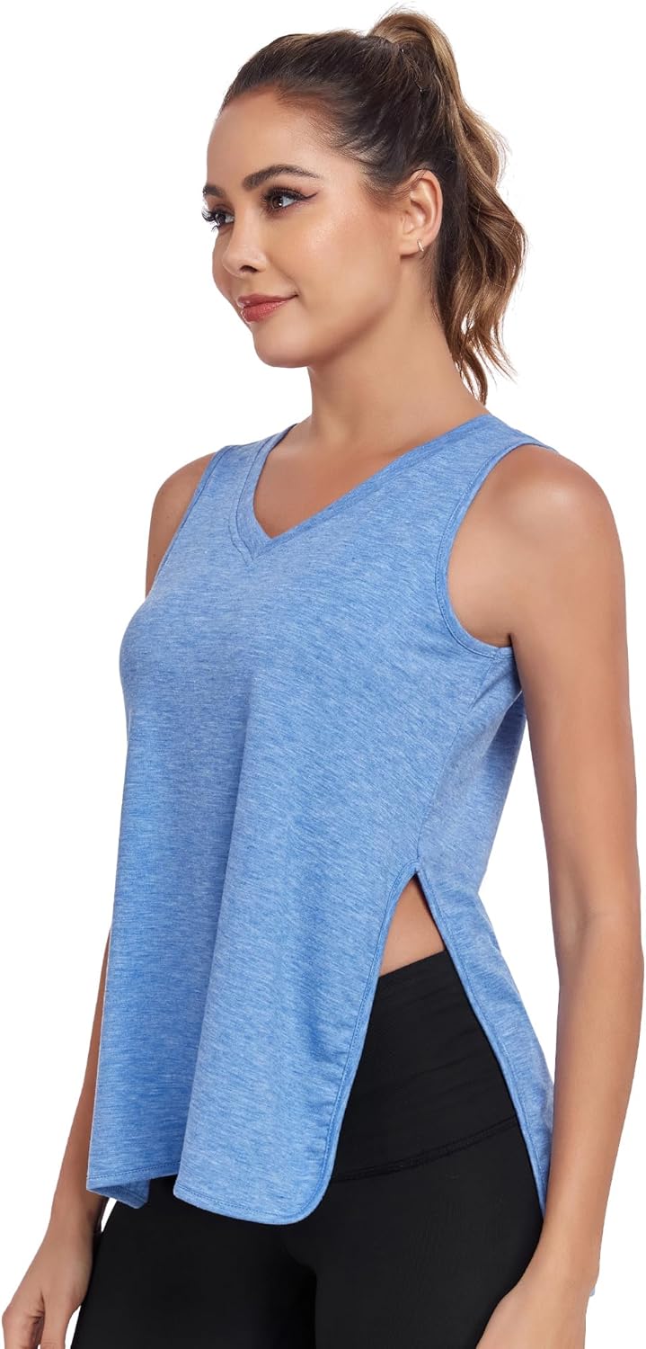 Women's Workout Tank Tops V Neck Running Sports Yoga Sleeveless Shirts Side Split - Image 3