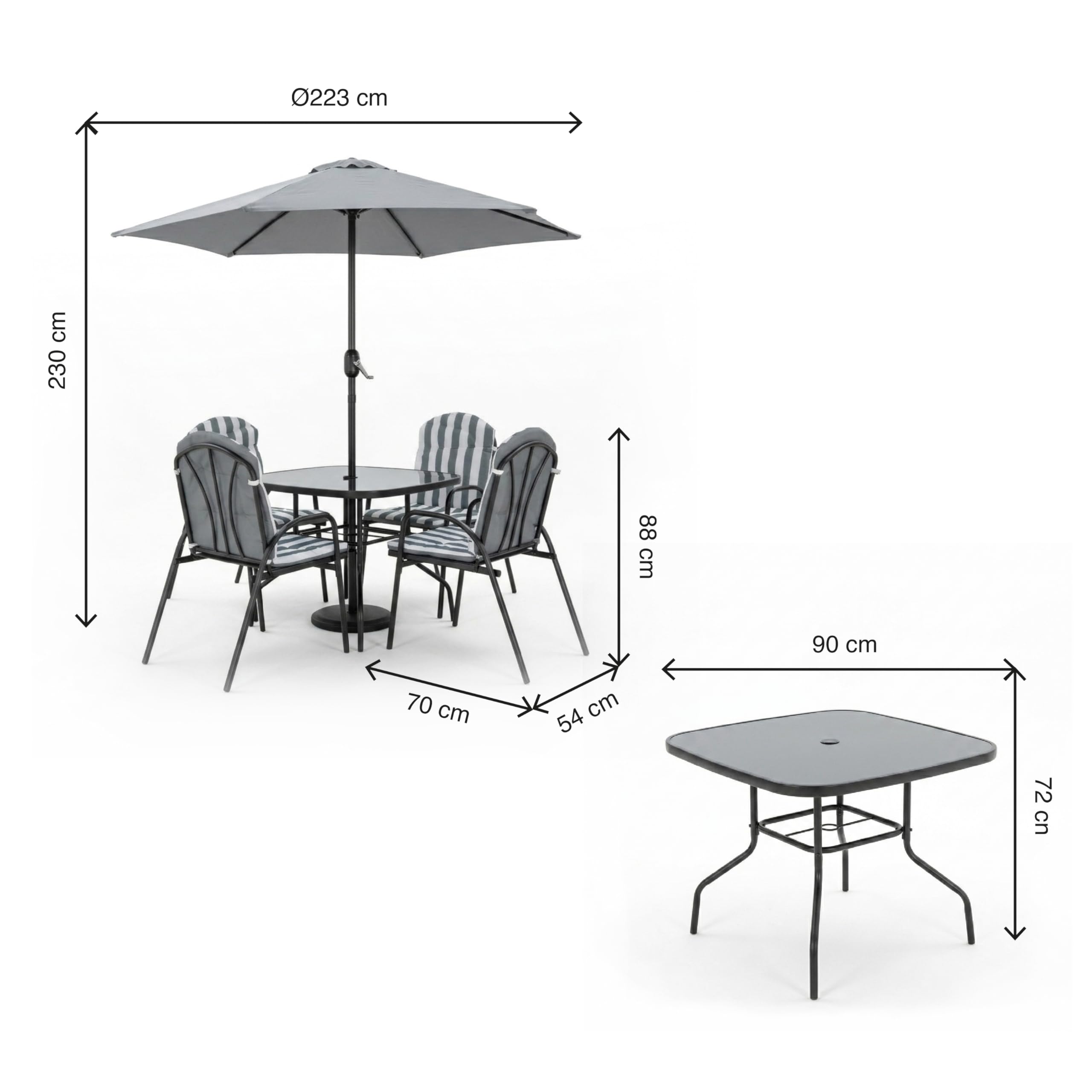 KG KITGARDEN Conjunto Balcón/Terraza, 1 mesa centro, 4 sillones y 1 parasol, Gris, Set Dakota
