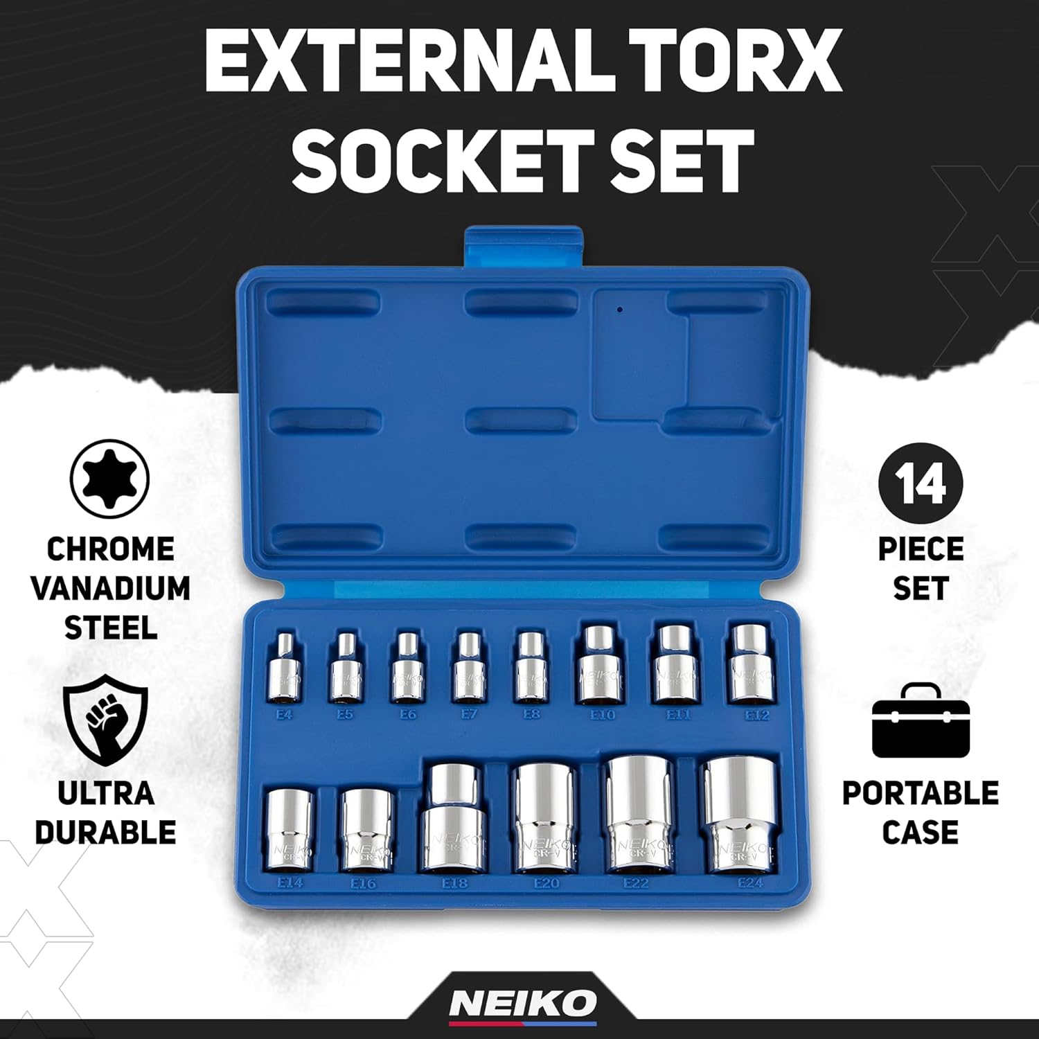 Neiko 04300A E-Torx Socket Set, 14 Piece, External Torx Socket, E4 to E24, 1/4”, 3/8” and 1/2” Drive, Female Star External Torx, Inverted Torx Socket Set, Cr-V Steel