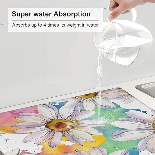 Miniatura 4 de Tapete de microfibra para secar platos de flores de primavera de margaritas blancas coloridas para encimera de cocina, plegable, absorbente,