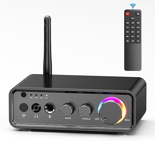 M19 BT Amplificador Receptor Estéreo, Bluetooth 5.3 Mini Amplificador 2 Canales 100W x2 Amplificador HiFi Clase D con RCA/Óptica/Coaxial/Mic Entrada