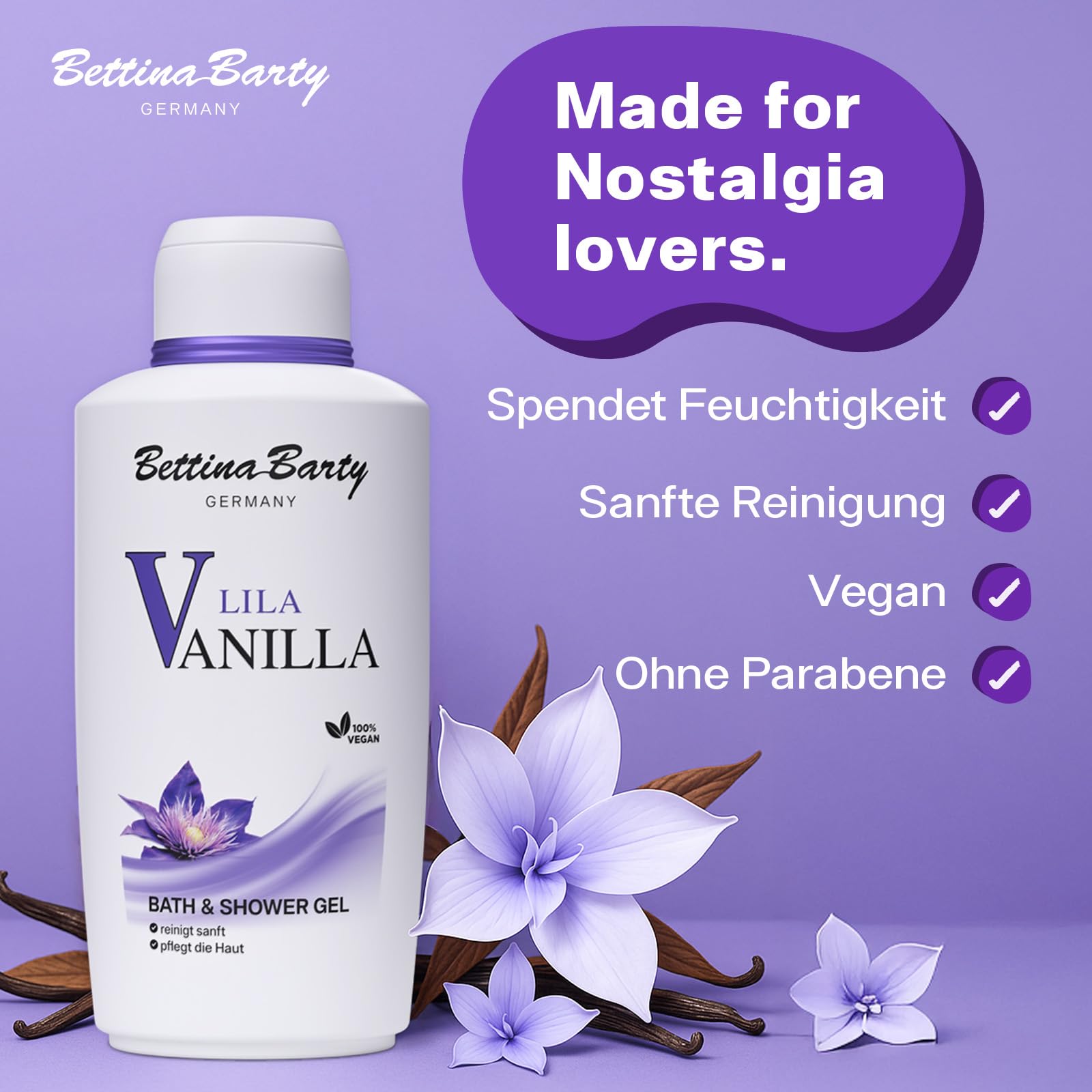 Bettina Barty Lila Vanilla Bath & Shower Gel 12 x 500 ml – Duschgel mit pudrig-blumigem Duft – Feuchtigkeitsspendende Pflege für alle Hauttypen
