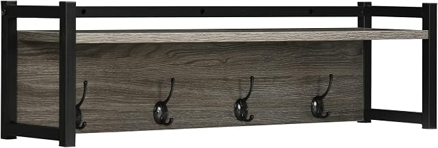 HOMCOM Coat Rack Wall-Mounted with 4 Coat Hooks and Open Storage Shelf, Versatile Floating Hanging Shelf, Key Holder for Entryway, Mudroom, Grey