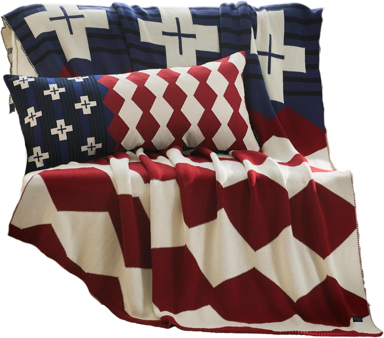 Pendleton Patriotic Throw Blanket & Decorative Pillow - 100% Cotton Jacquard Knit, Blue White & Red Americana Throw & Pillow, 4th of July Independence Day (Brave Star)