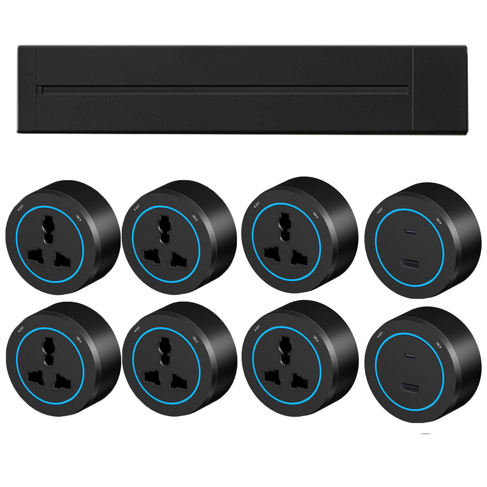 Prise De Courant sur Rail 8000 W avec Fiche Coulissante Et Prise Amovible, Système De Rail (Rail + Prise Universelle + Prise USB), Multiprise Murale pour Bureau, Cuisine Et Salon Black-100cm