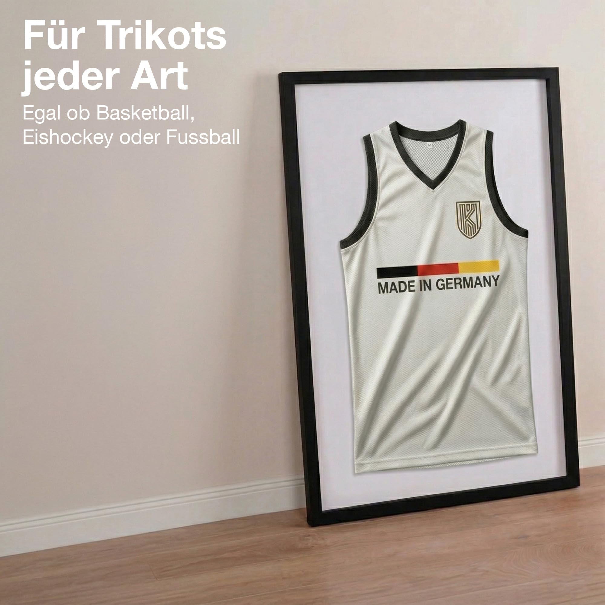Cornice per maglia da calcio Premium in legno Bianco 60x80 cm - Made in Germany - Teca maglia calcio sfondo bianco - Cornice per magliette extra larga - Quadro porta maglia - Teca maglietta