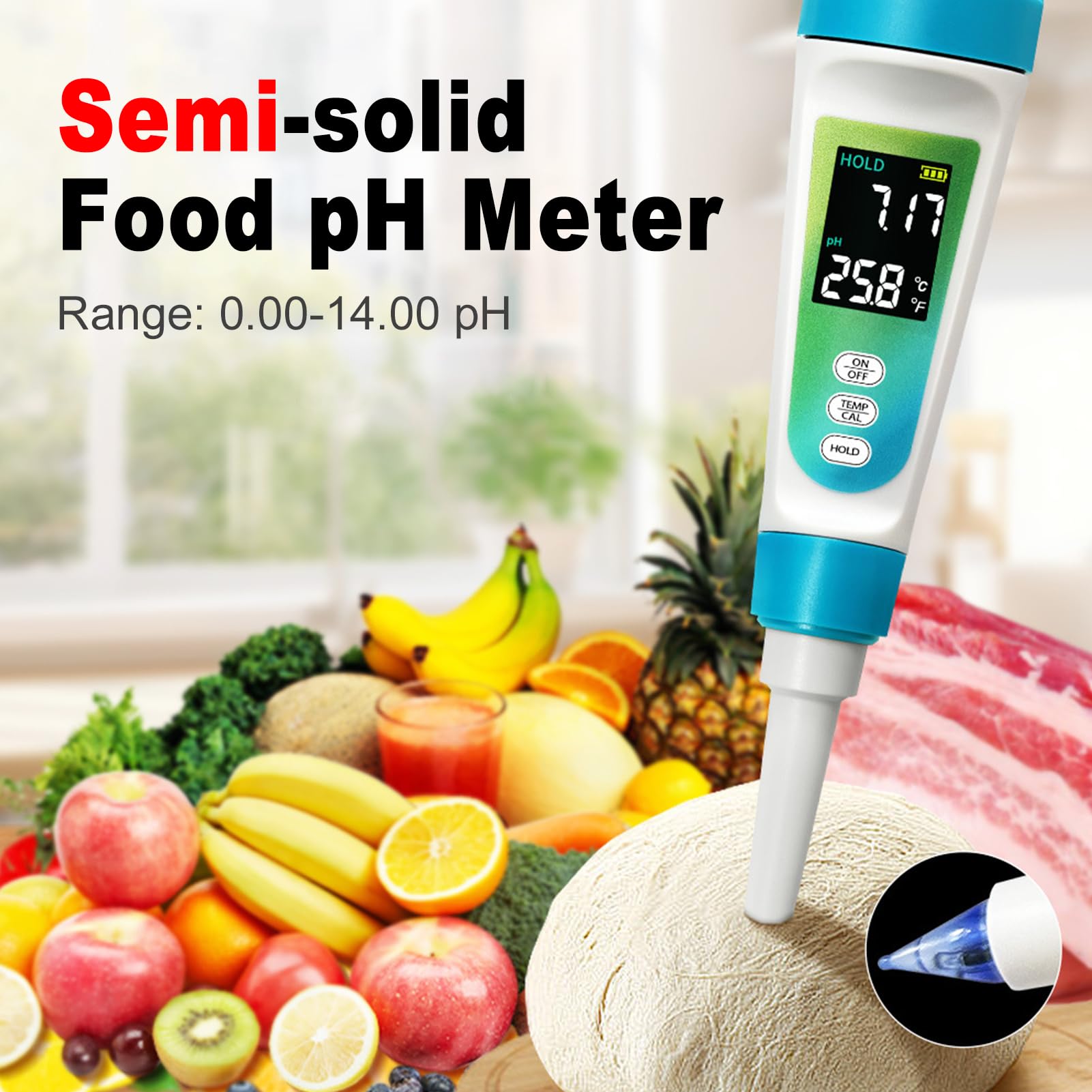 Jectse Probador de PH para Cosméticos, Medidor de PH Digital con Pantalla de Temperatura, Pantalla LCD Retroiluminada, Compensación Automática de Temperatura, Kit de PH de Alimentos