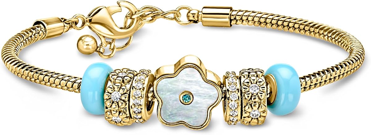 Ross-Simons Pulsera con dijes de cuentas chapada en oro amarillo de 14 quilates con piedras preciosas naturales y de imitación. 7 pulgadas