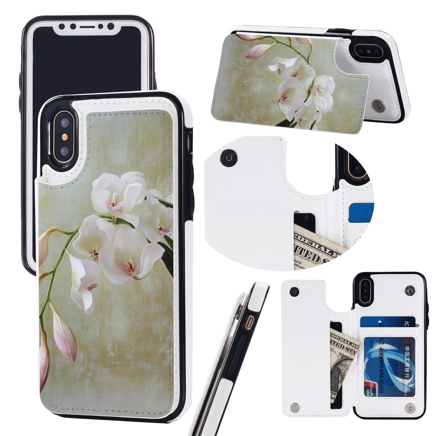 Funda tipo cartera para iPhone X/XS, diseño de orquídeas de campana, funda de piel con ranuras para tarjetas