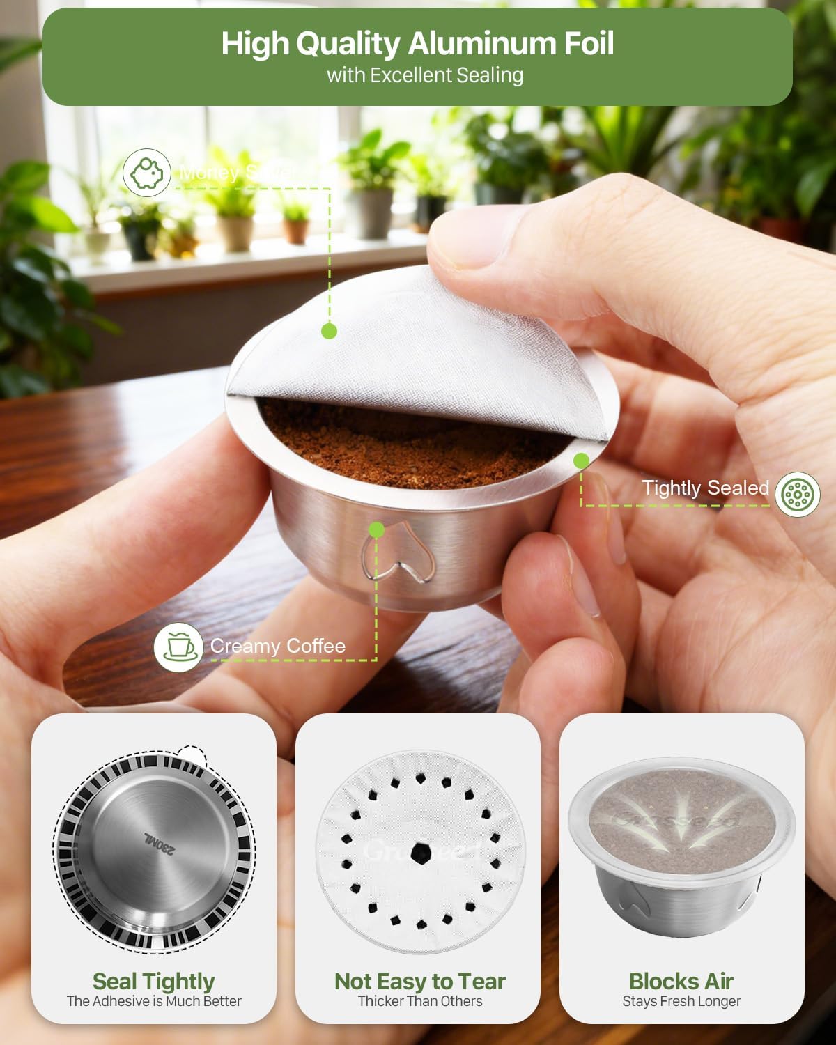 Grasseed Refillable Vertuo Capsule, Reusable Stainless Steel Vertuo Pod Kit with 100 Foil Lids, Spoon, Brush, Brew 7.8oz- Compatible with Vertuoline Machine