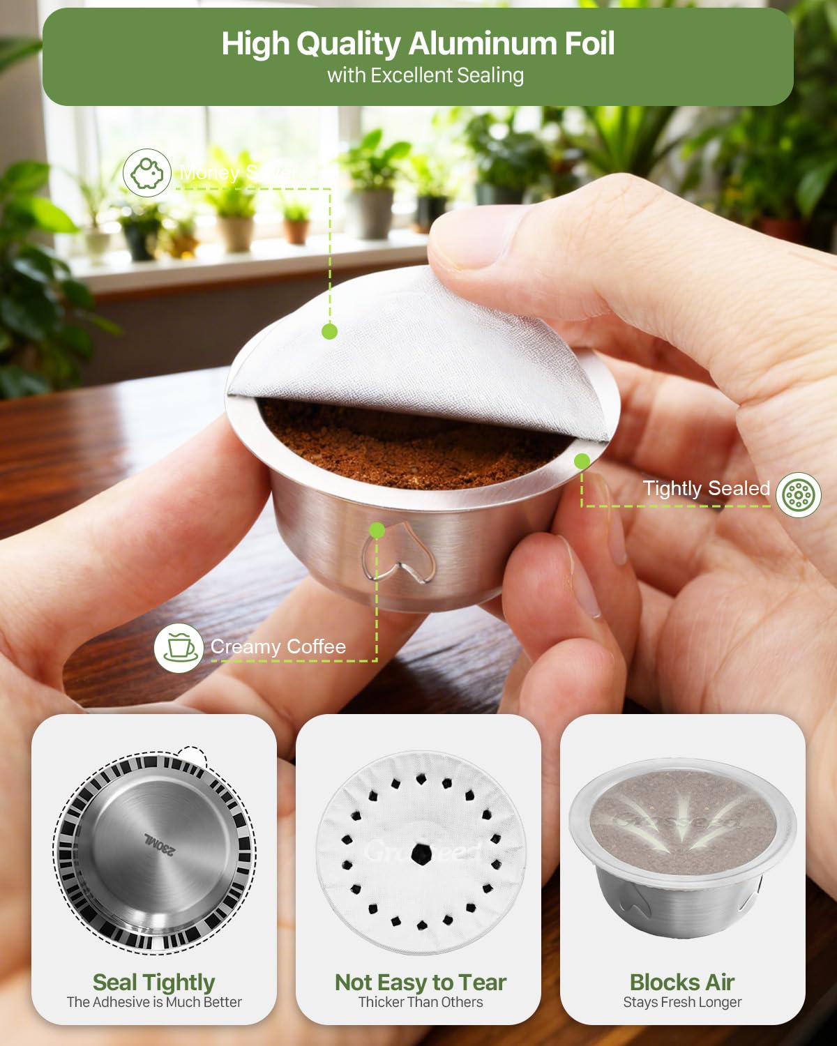 Grasseed Cápsula Vertuo recargable, kit de cápsulas Vertuo de acero inoxidable reutilizable con 100 tapas de aluminio, cuchara, cepillo, preparación de 7.8 onzas, compatible con máquina Vertuoline