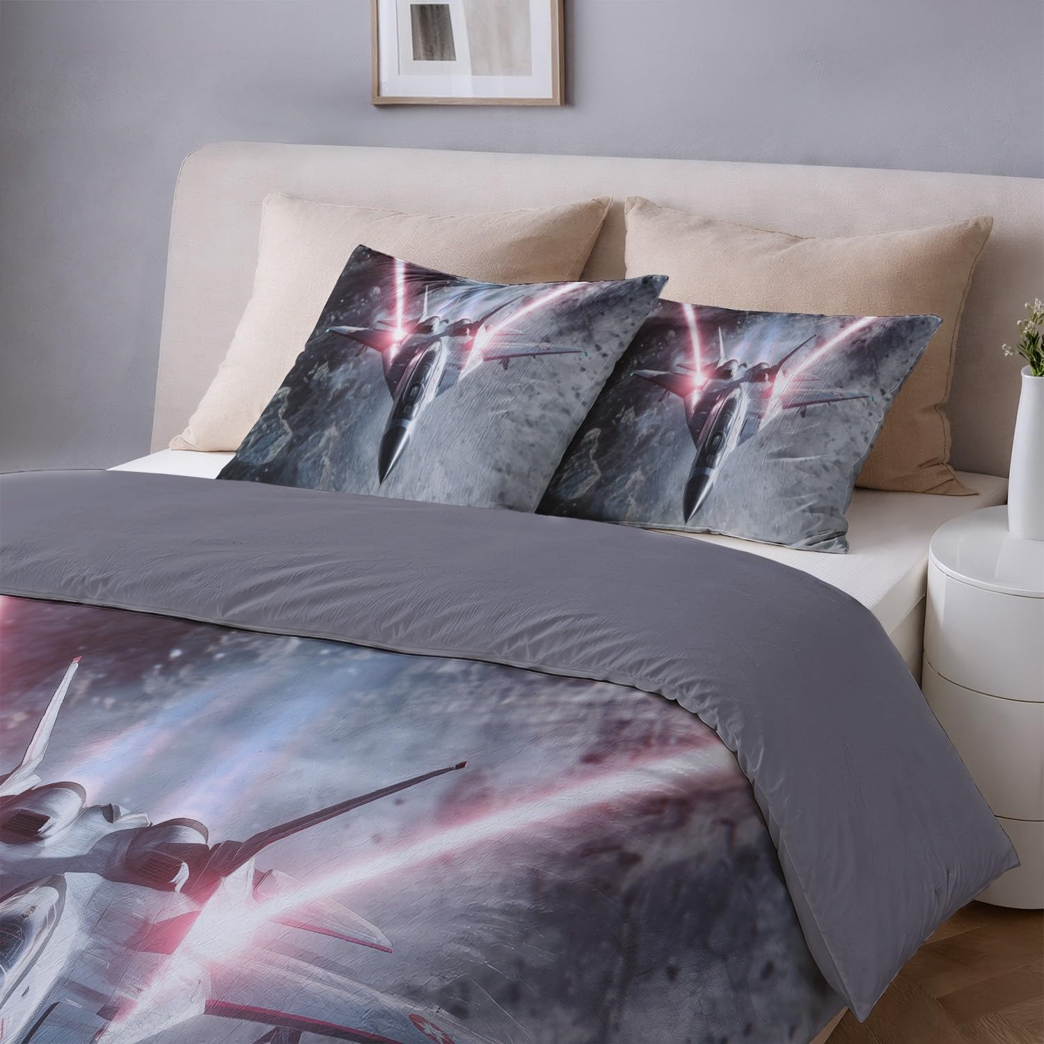 Science-Fiction Futurystyczna Symetryczna poszwa na kołdrę Myśliwy Łóżko 180 x 220 cm z 2 poszewkami na poduszki, szaro-różowy zestaw pościeli dla dorosłych Miękka szczotkowana mikrofibra dla 2 osób