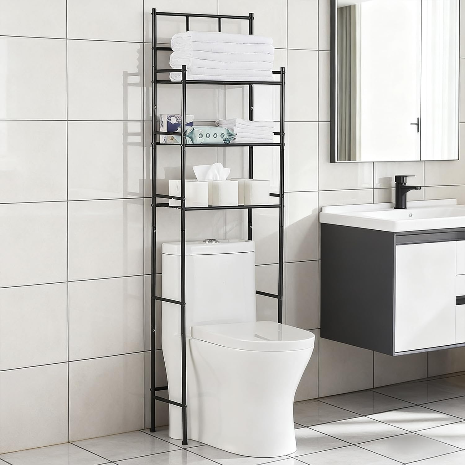 Étagère de Toilettes, 3 Niveaux Rangement au Dessus des Toilettes, Étagère WC, Meuble Salle de Bain Rangement, Convient à la Plupart des Toilettes, Économie d'espace, Noir