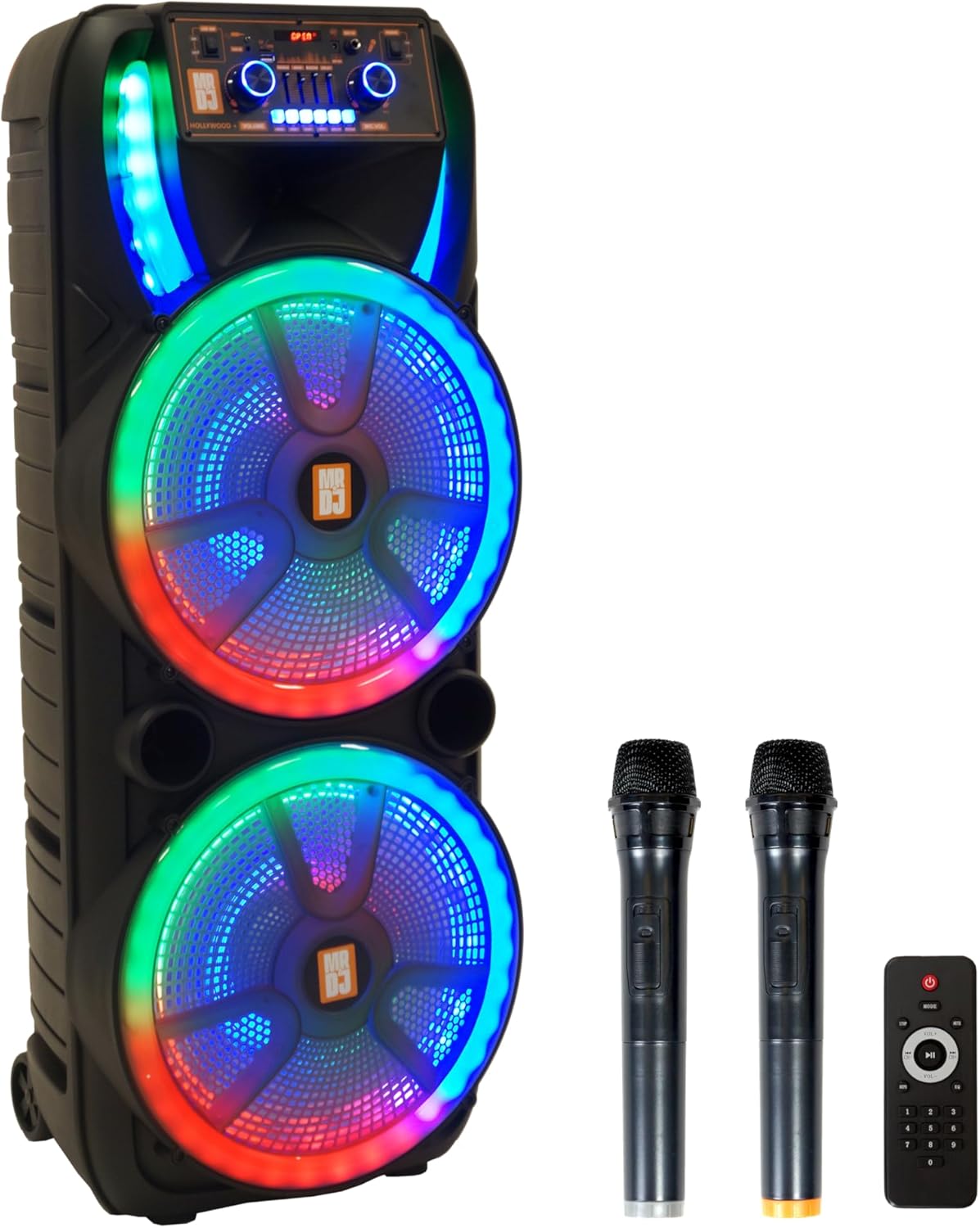 MR DJ Hollywood+ Dual 15" Rechargeable Portable Bluetooth Karaoke Speaker Party Flame Lights with 2 Wireless Microphone TWS USB FM Radio
