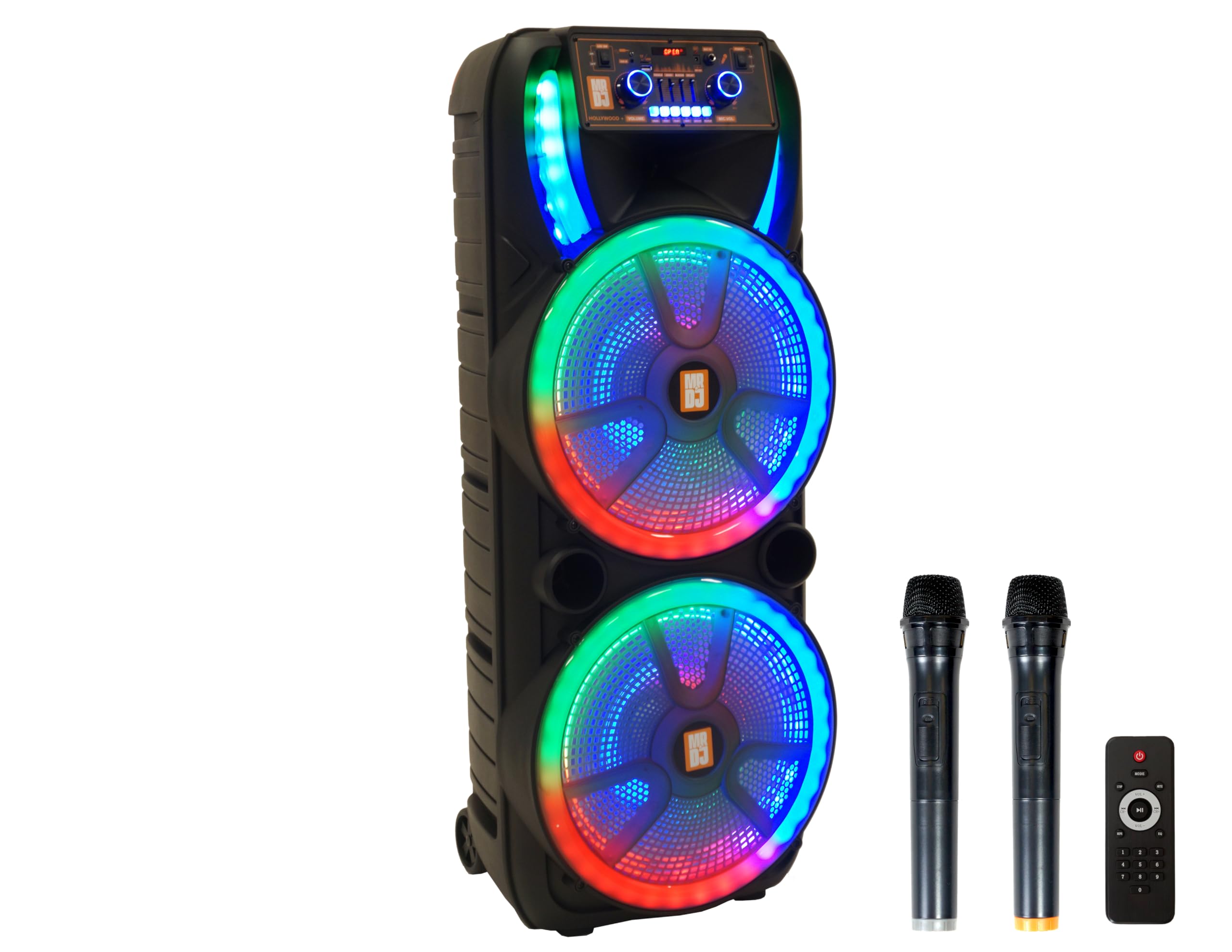 MR DJ Hollywood+ Dual 38.1 cm Wiederaufladbare Tragbare Bluetooth Karaoke Lautsprecher Party Flamme Lichter mit 2 Wireless Mikrofon TWS USB FM Radio