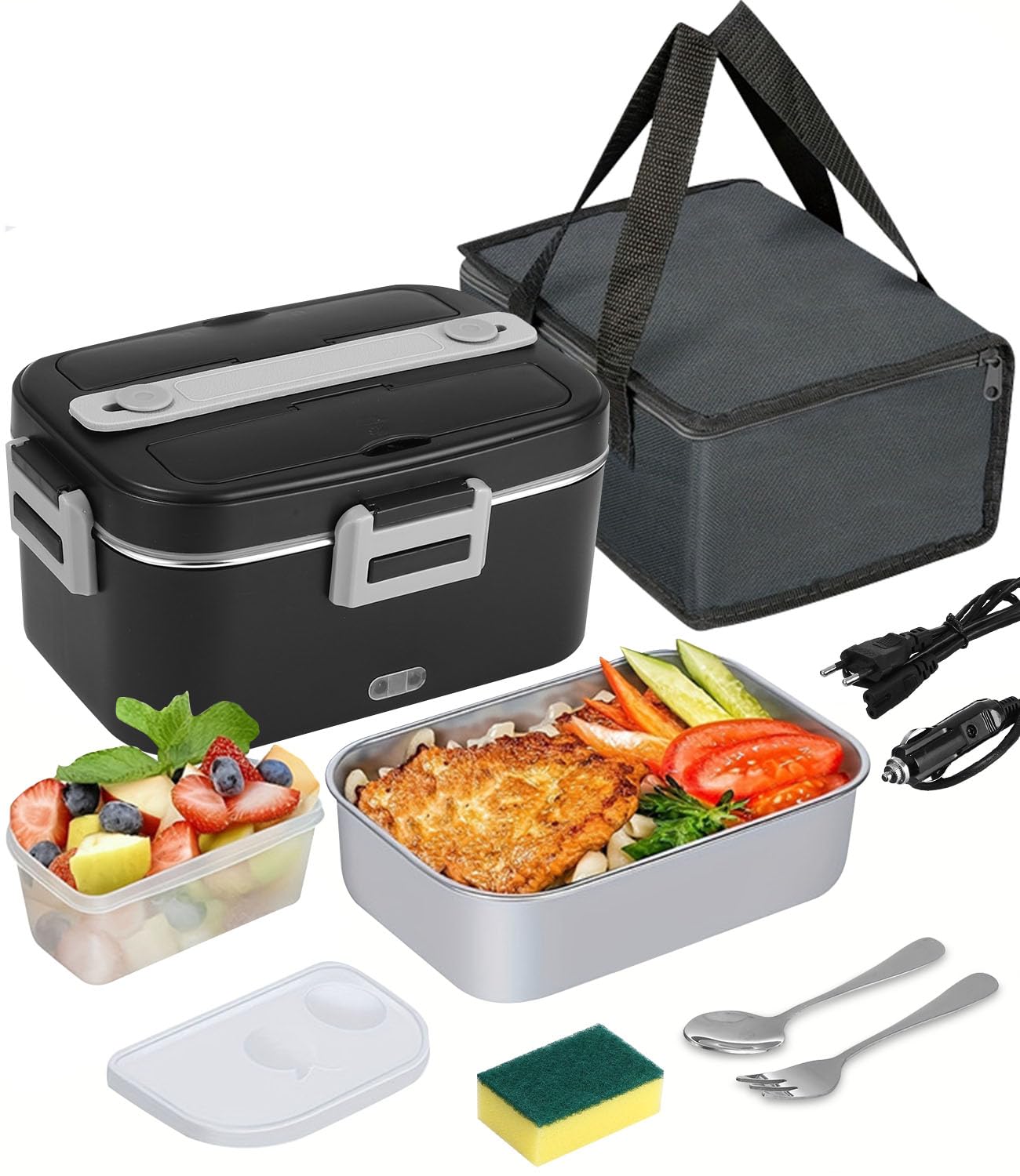Scaldavivande Elettrico Portatile, 12V 24V 220V Porta Pranzo Riscaldabile, 1,8L Schiscetta Pranzo Riscaldabile, Portavivande Elettrico Portatile per Auto Camion e Ufficio, Nero