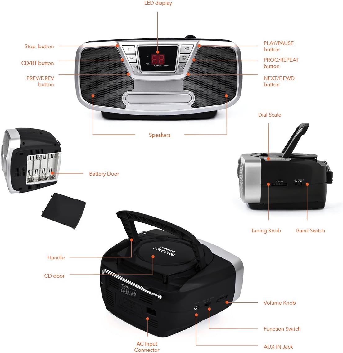 🛒 Flаѕh Sаlе Riptunes Programmable CD Boombox- Portable Boombox, AM/FM Radio, with Bluetooth Black CDB232BT