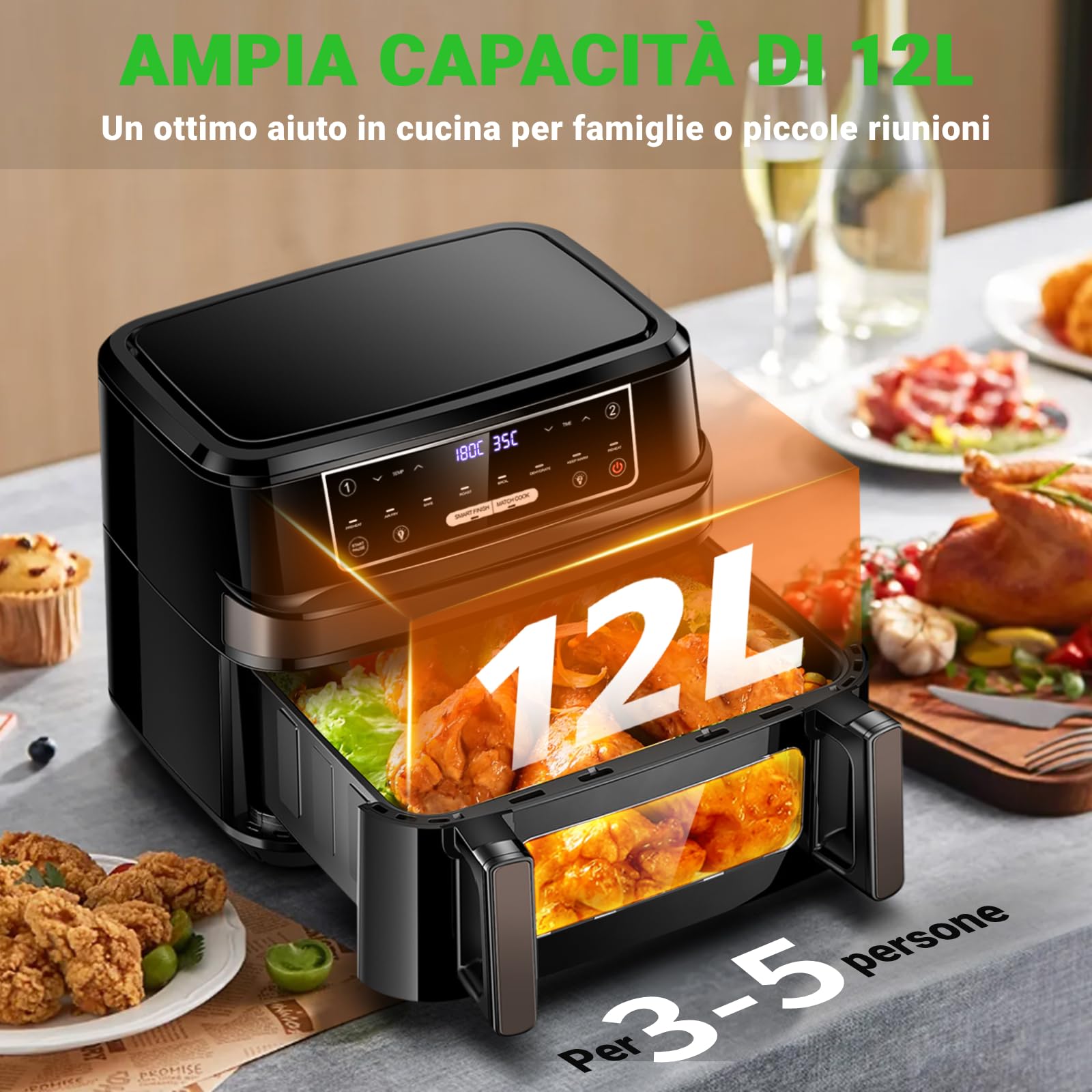 Friggitrice ad Aria Calda 2 Camere | Friggitrice ad Aria da 12L Camera Doppia Camera Singola Regolabile, 2600W Friggitrice ad Aria Calda 8 in 1 con Doppia Camera Controllo Separato Della Temperatura
