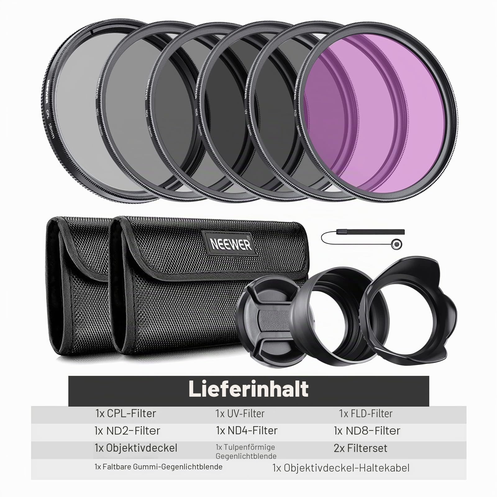 NEEWER 58mm ND Filter Kit und Objektivzubehör, ND2 ND4 ND8 UV FLD CPL(Circular Polarizing) Filter Set mit Objektivdeckel/Tulpenförmige Gegenlichtblende