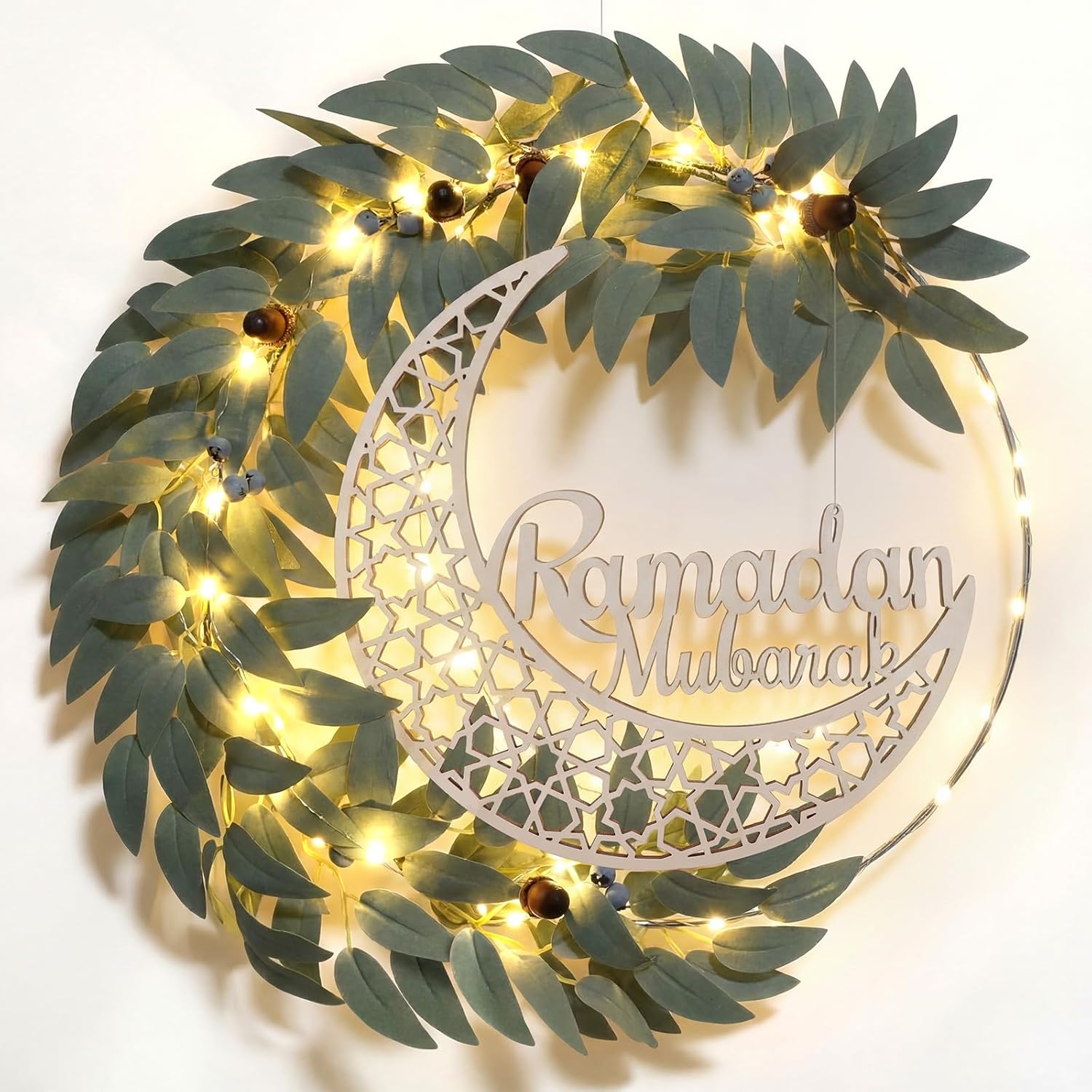 Eid Ramadan Mubarak Wreaths Door Sign Artificial Leaves Ramadan Hanging Wreath Decoration for Front Door Eid Al Fitr Moon Wood Sign Wall Garland Hanger for Islamic Muslim Home Party Decor