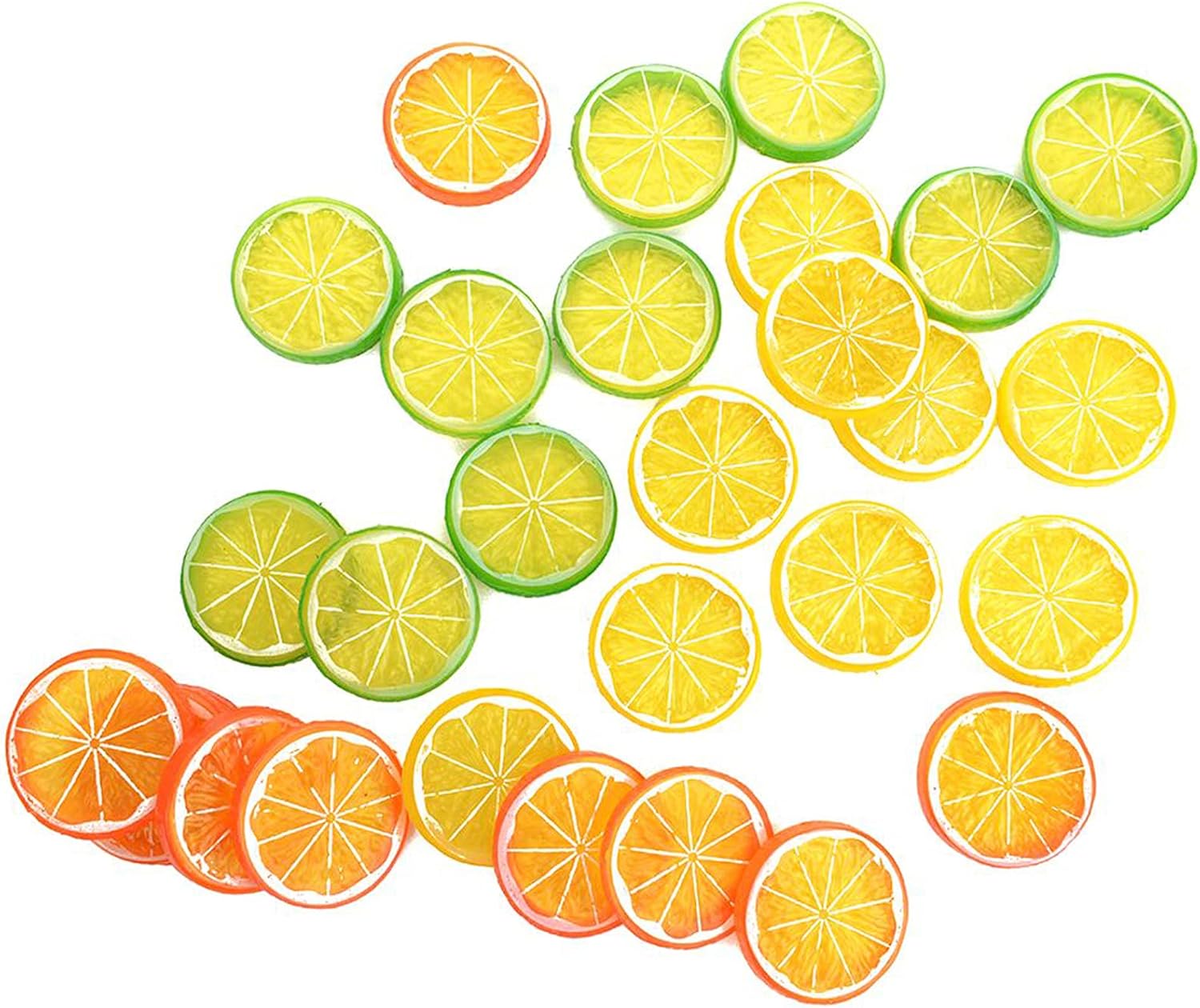 NUOMI 30 Pieces Plastic Lemon Slices Artificial Fake Lemon Props Lifelike Fruit Model for Decoration, Garnish, Photography Props, DIY, Teaching, 5 CM/2 Inch, Orange, Green and Yellow