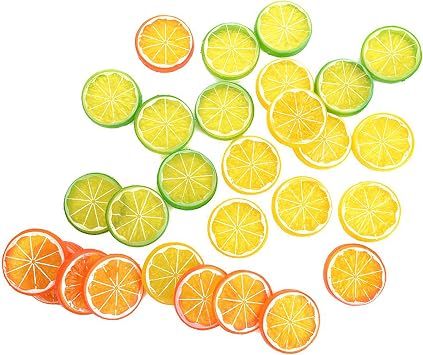 30 Pieces Plastic Lemon Slices Artificial Fake Lemon Props Lifelike Fruit Model for Decoration, Garnish, Photography Props, DIY, Teaching, 5 CM/2 Inch, Orange, Green and Yellow