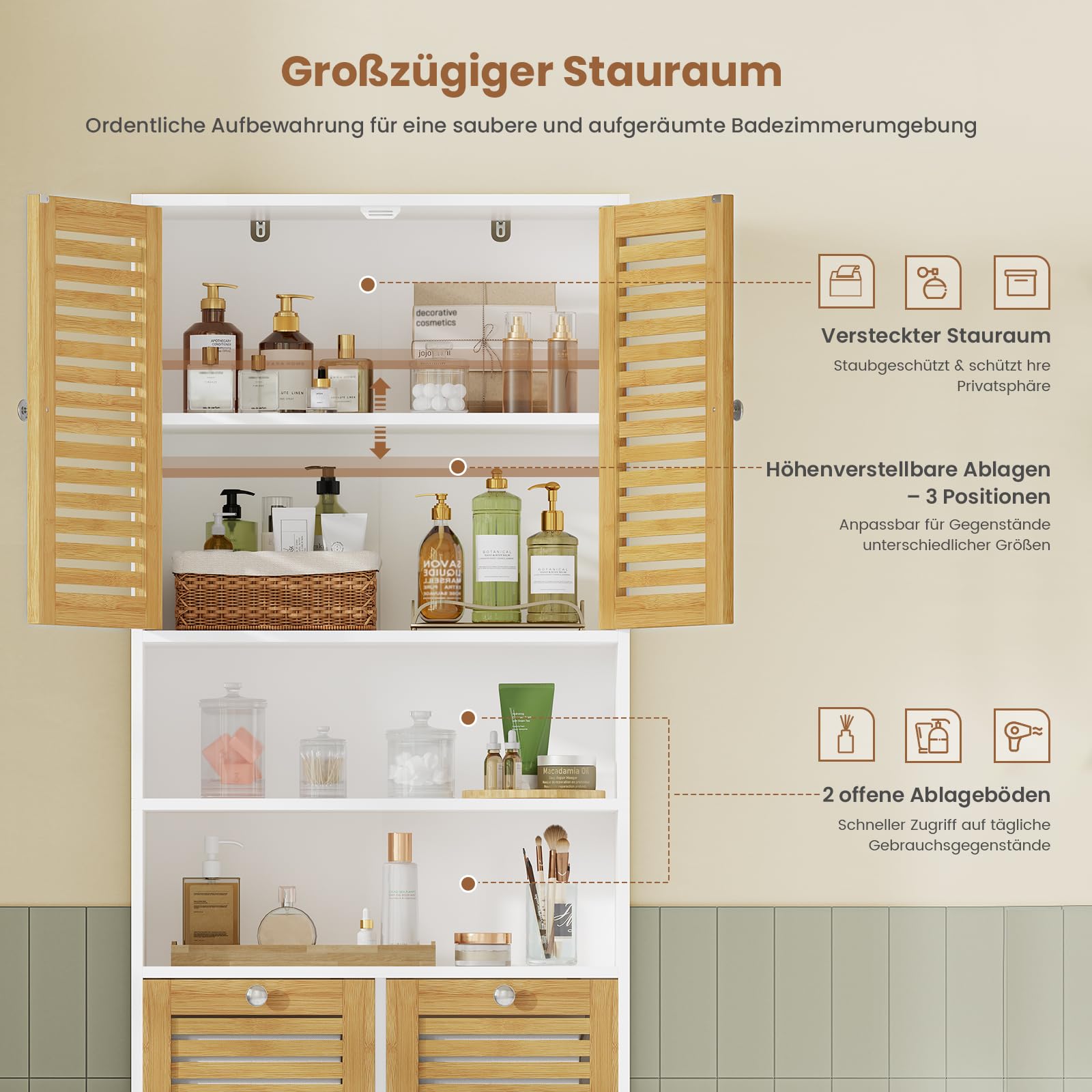 Badezimmerschrank mit Wäschekörbe, Badschrank mit 3 offenen Fächern und 2 Wäscheboxen, herausnehmbarer Wäschesack mit Griffen, Badezimmer Hochschrank mit verstellbare Ablage, 60 x 28 x 170 cm