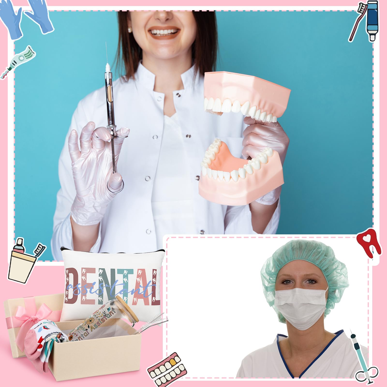 Skylety 5 Pcs Dental Assistant Gifts Women Dentist Gift 16oz Cup Socks Cosmetic Bag Badge Holder Dental Hygienist Appreciation Gift Box for Dentals Assistant Accessories Birthday Graduation