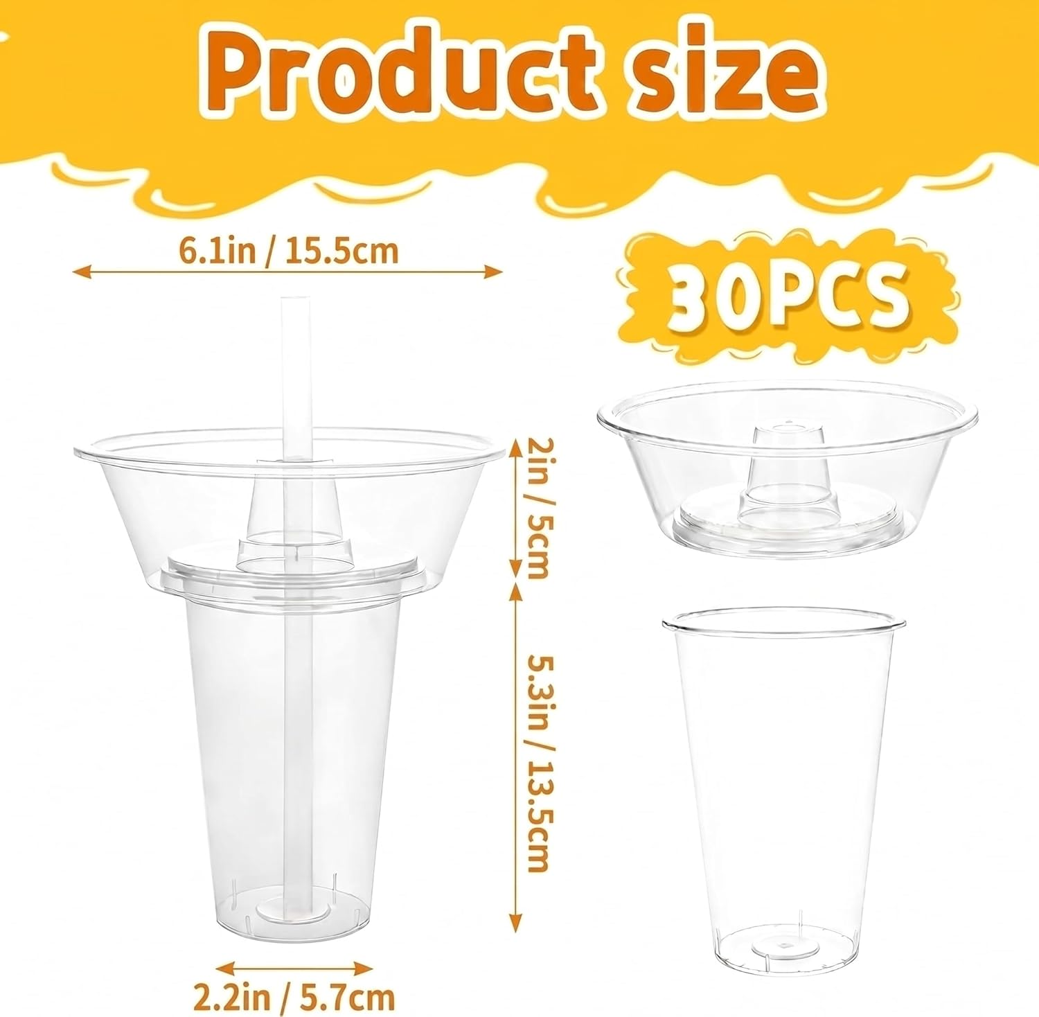 STARVAST 30Set Snack and Drink Cup, Clear Disposable Plastic Cup with Snack Bowl on Top, Includes 30 Cups, 30 Bowls, 30 Straws for Party, Stadium, Patron and Movie Night