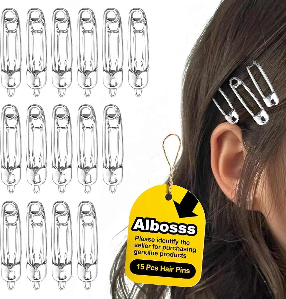 15 Pcs Hair Pins Hair Clips Alloy Safety Pin Shape Hairpin Barrettes Goth Hair Pins Set Hairdressing Tool Hair Accessories (Silver)