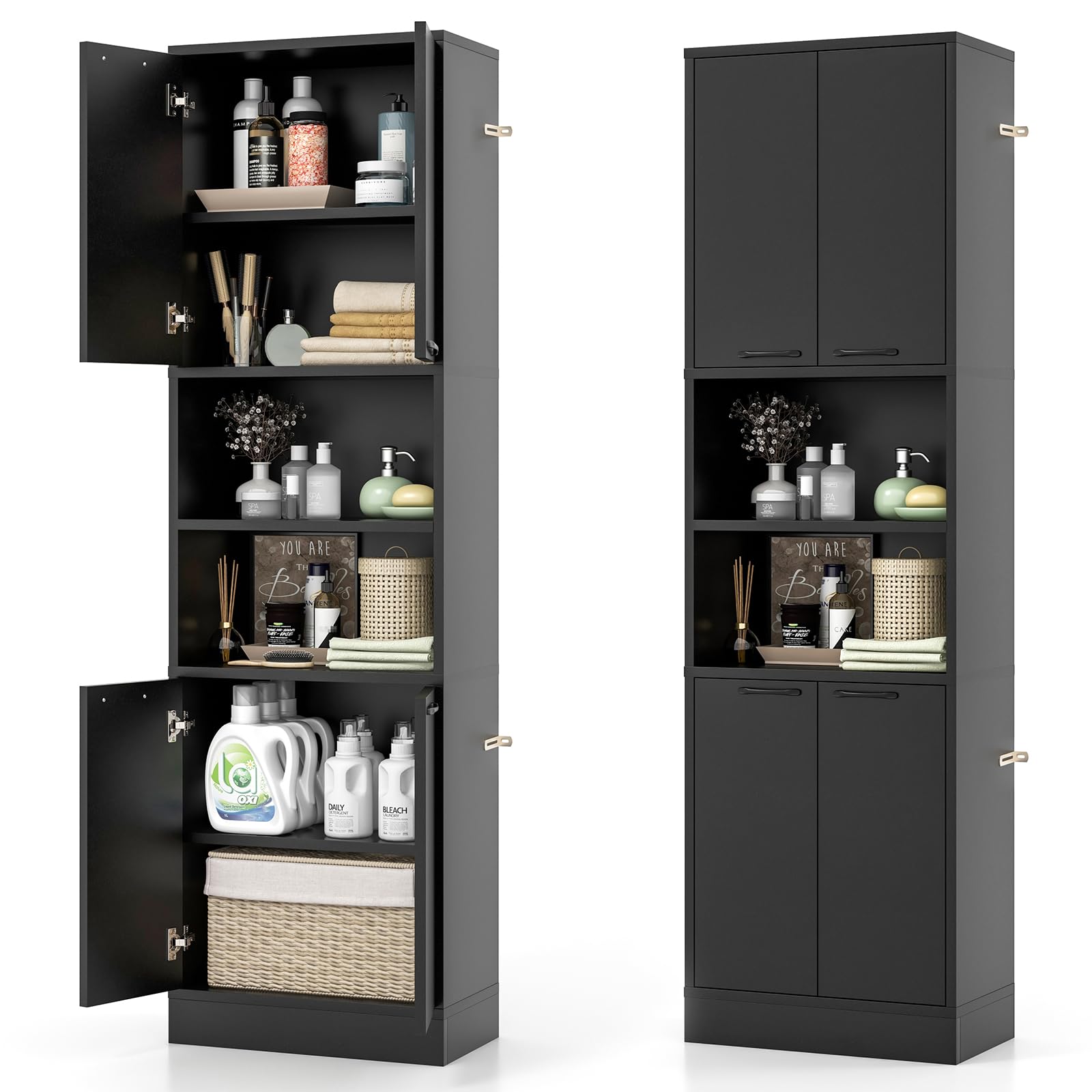 GIANTEX Buffet Cuisine Haut 190 cm, Meuble Cuisine Rangement avec 4 Portes, 2 Compartiments Ouverts, 4 Kits Anti-basculement, Armoire de Rangement 6 Etagères pour Salle de Bain (Noir)