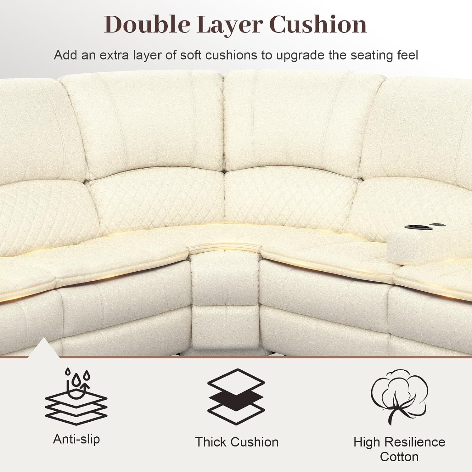 6-Seat Soft Leather Reclining Sectional Sofa Set with USB Charging Thick Padding Sturdy Frame White