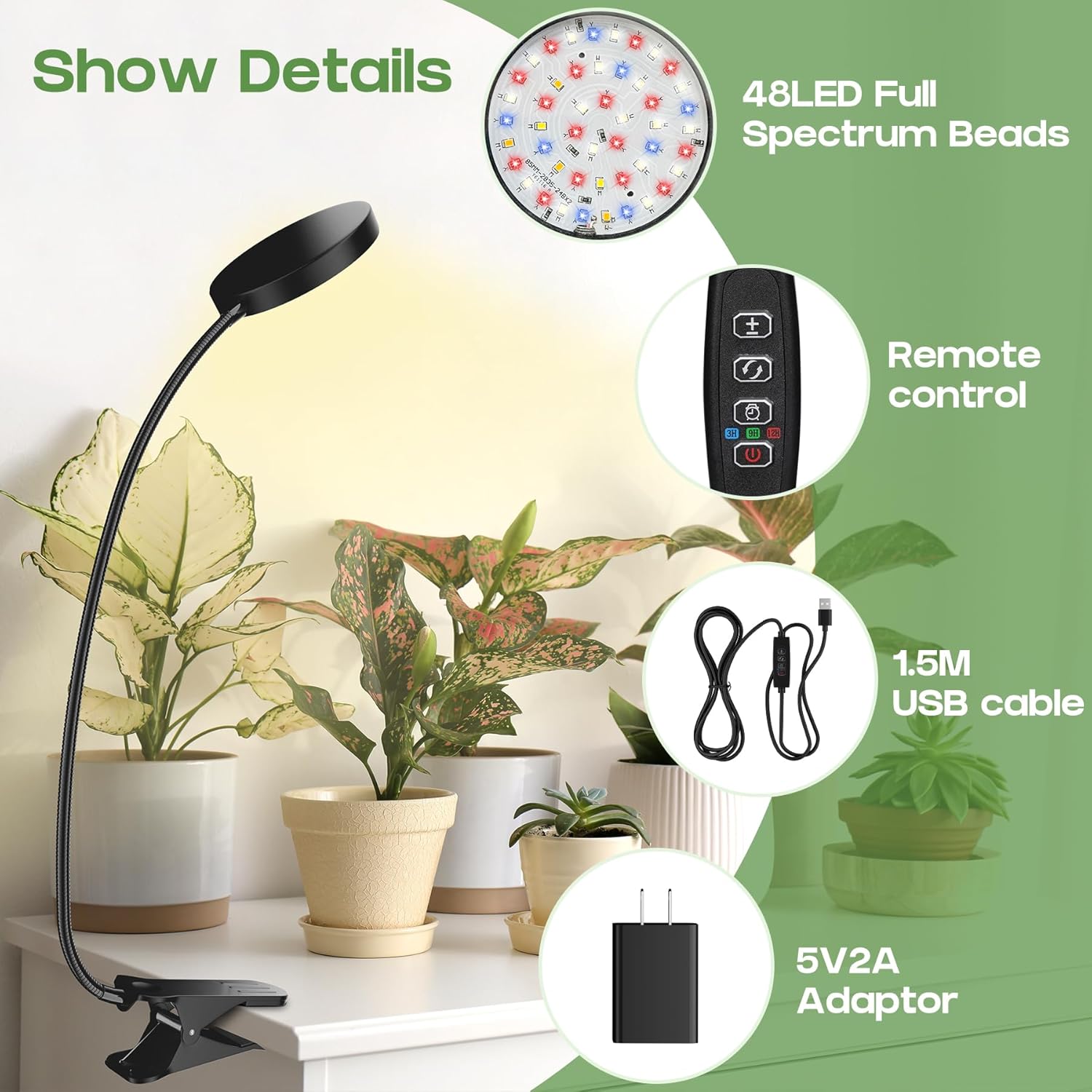 LED Grow Light, Clip On Plant Lights for Indoor Growing with 3,6,12 H Timer, 10 Dimmable Levels Grow Lights for Indoor Plants Full Spectrum, for Houseplants, Bonsai, Pot Plant (2-Pack)
