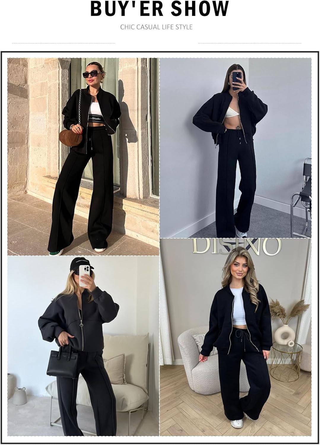 Aleumdr Women's 2 Piece Outfits Oversized Fleece Sweatsuit Zip Up Long Sleeve Sweatshirt with Wide Leg Sweatpants