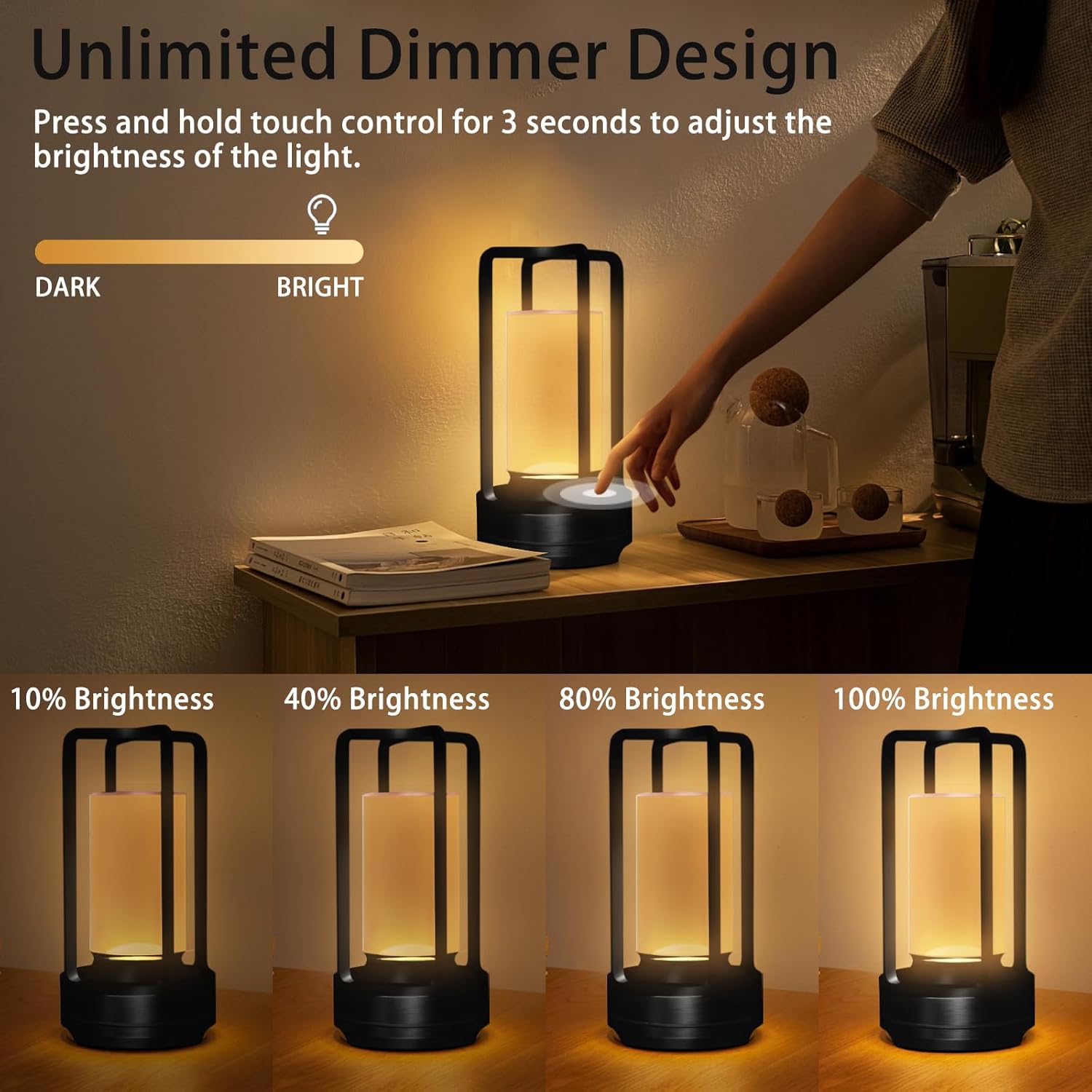 Cordless Rechargeable Table Lamps, Portable Lumisom Crystal Small Lantern Lamp with Touch Control & 3 Color Dimmable, 4000mAh Battery-Powered Klarako Crystal Desk Lanter (Black)