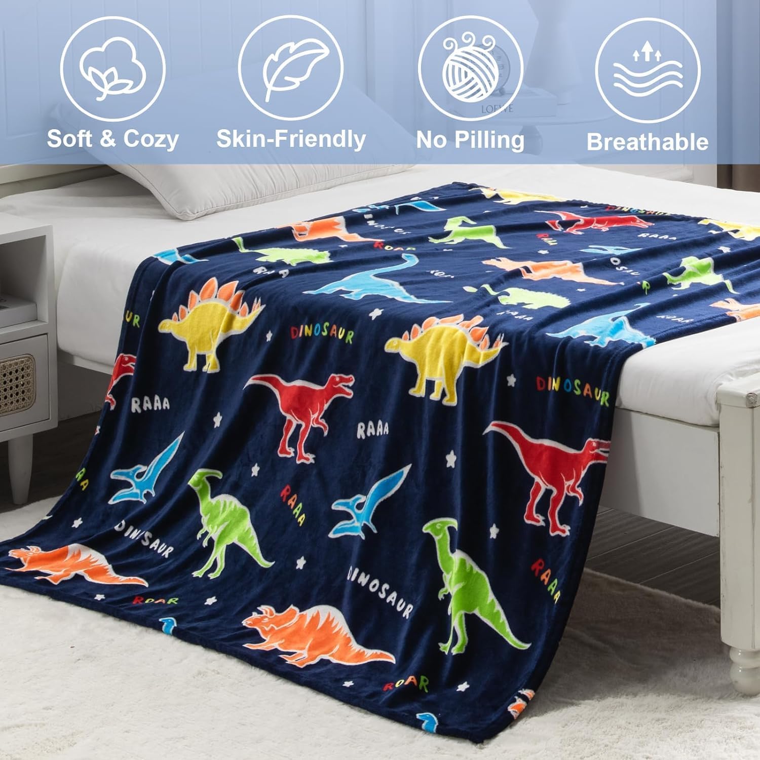Happy Hues® Glow in The Dark Blanket Kids-Teens Boys & Girls Travel Lightweight Throw Blankets Soft & Fluffy for Kids (HH-Dinosaur DB) 3