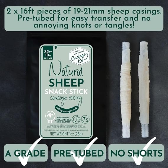Snack Stick Casings - Breakfast Sausage Casings - Natural LAMB/SHEEP casings for sausage making. 19mm casing. Certified Halal Casings. 32ft, makes 5.5lb of sausages