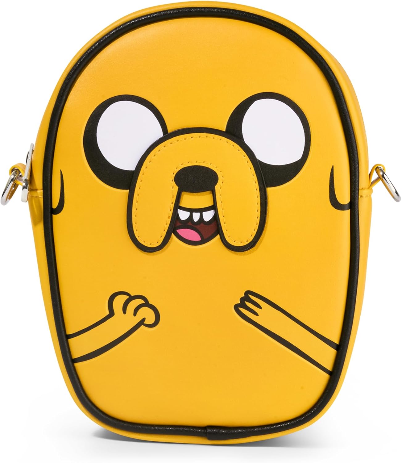 Adventure Time Vegan Leather Crossbody Bag with Adjustable Strap, Adventure Time Jake Character Close Up Yellow, Stripe Black White, 7" x 8"