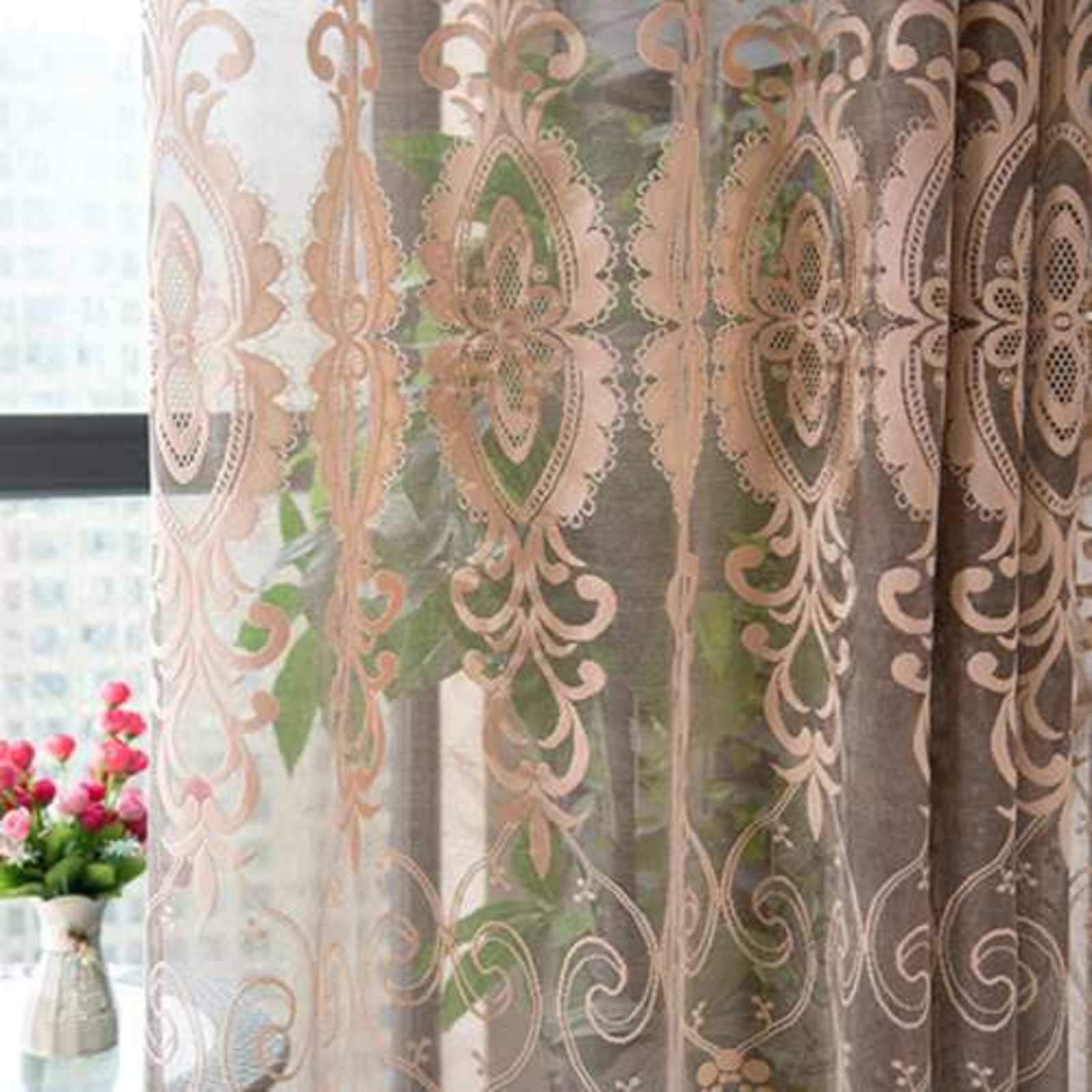 Eleganckie bawełniane zasłony żeglarskie, dekoracyjne zasłony tiulowe, salon, sypialnia, balkon, żakardowe, przezroczyste zasłony, przelotki, kolor curry, 350 x 270 cm, 1 szt