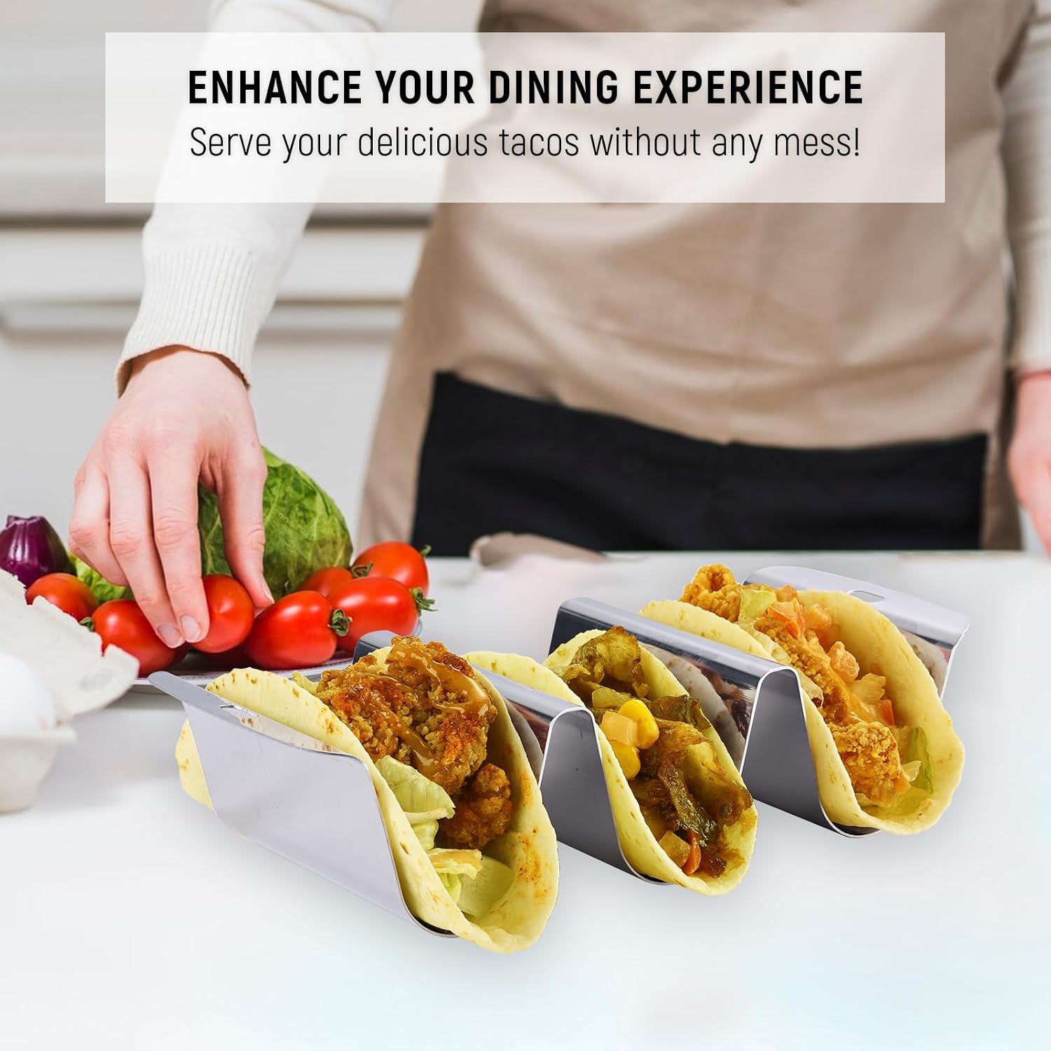(Set of 4) Taco Holder Rack with Handle, 3 Slot Wave Stainless Steel Taco Stand for Hard & Soft Shell, For Family Party, BBQ & Taco Tuesday