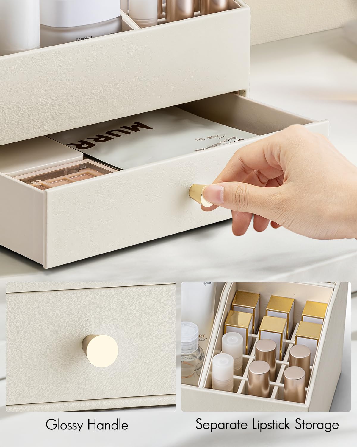 Vlando Organizer per trucchi con cassetti, organizer per cosmetici in pelle PU, organizer per profumi, grande espositore per rossetti, profumi, pennelli, regalo per donne, beige