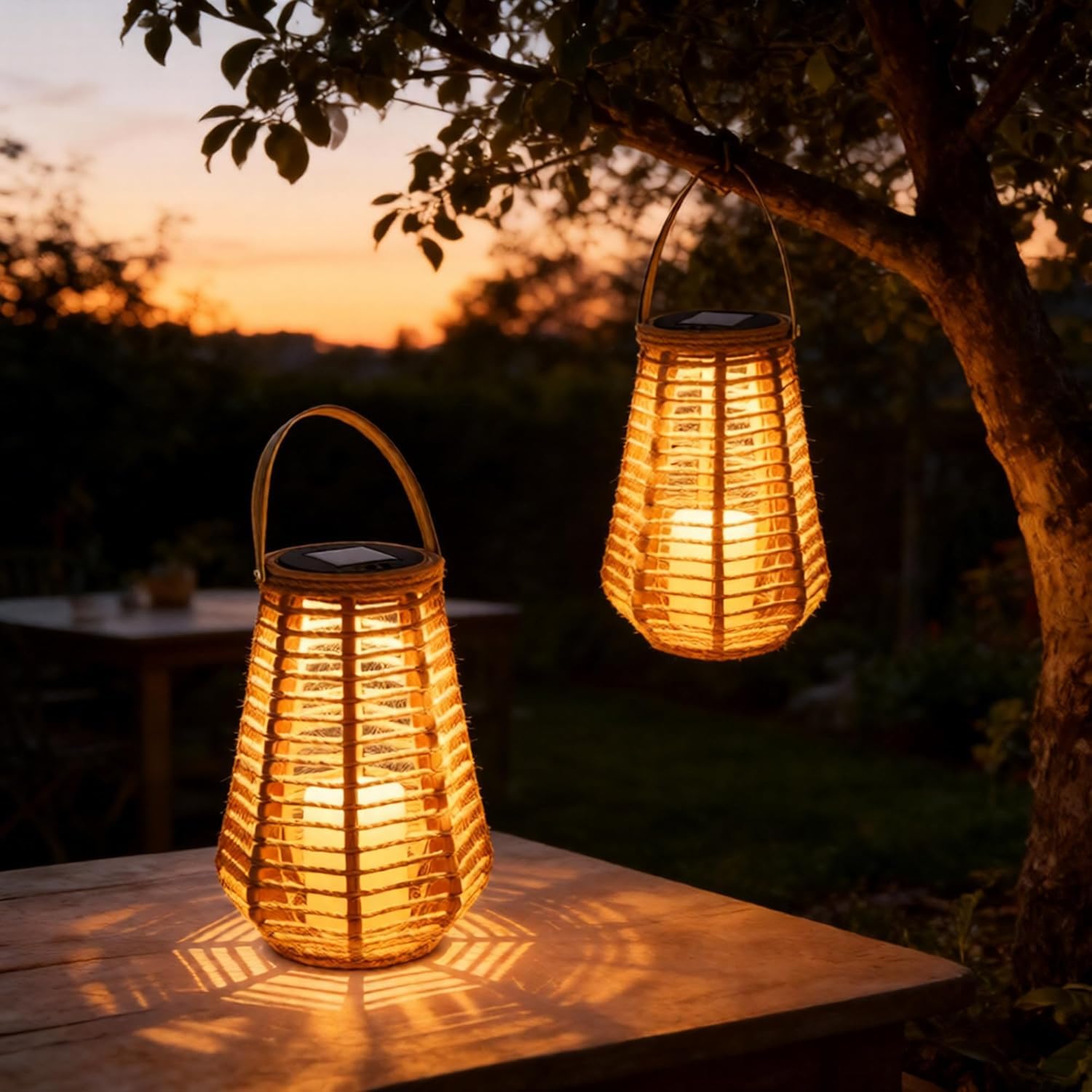 Solarlaterne für Außen, 2er Set Garten Solarlampen mit Automatischer Ein-/Ausschaltung - Geflochtene Laterne aus Naturfaser, Warmweiß, Wasserdicht für Terrasse, Balkon, Garten, Dekolaterne